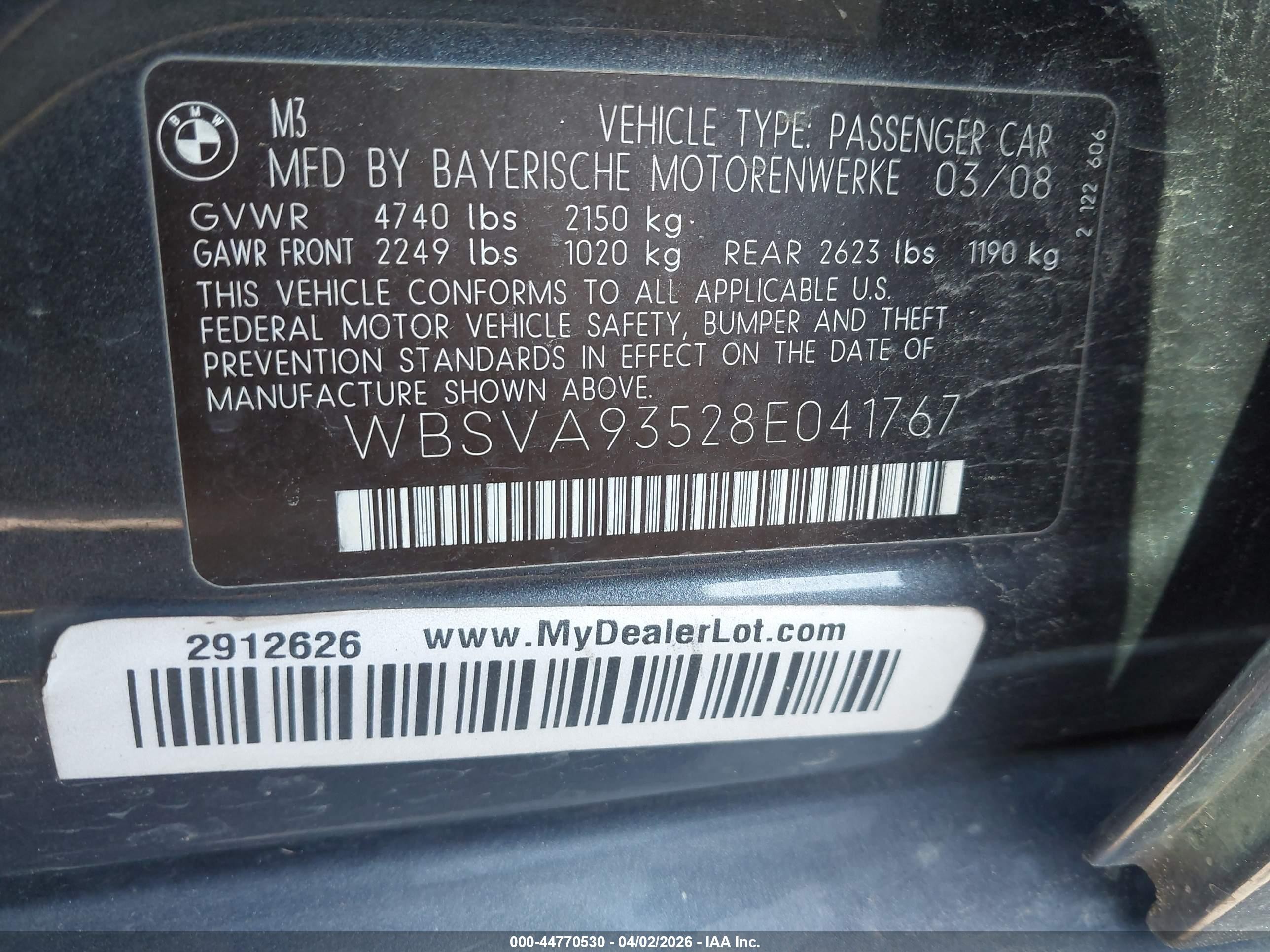 2008 Bmw M3   Gray vin: WBSVA93528E041767