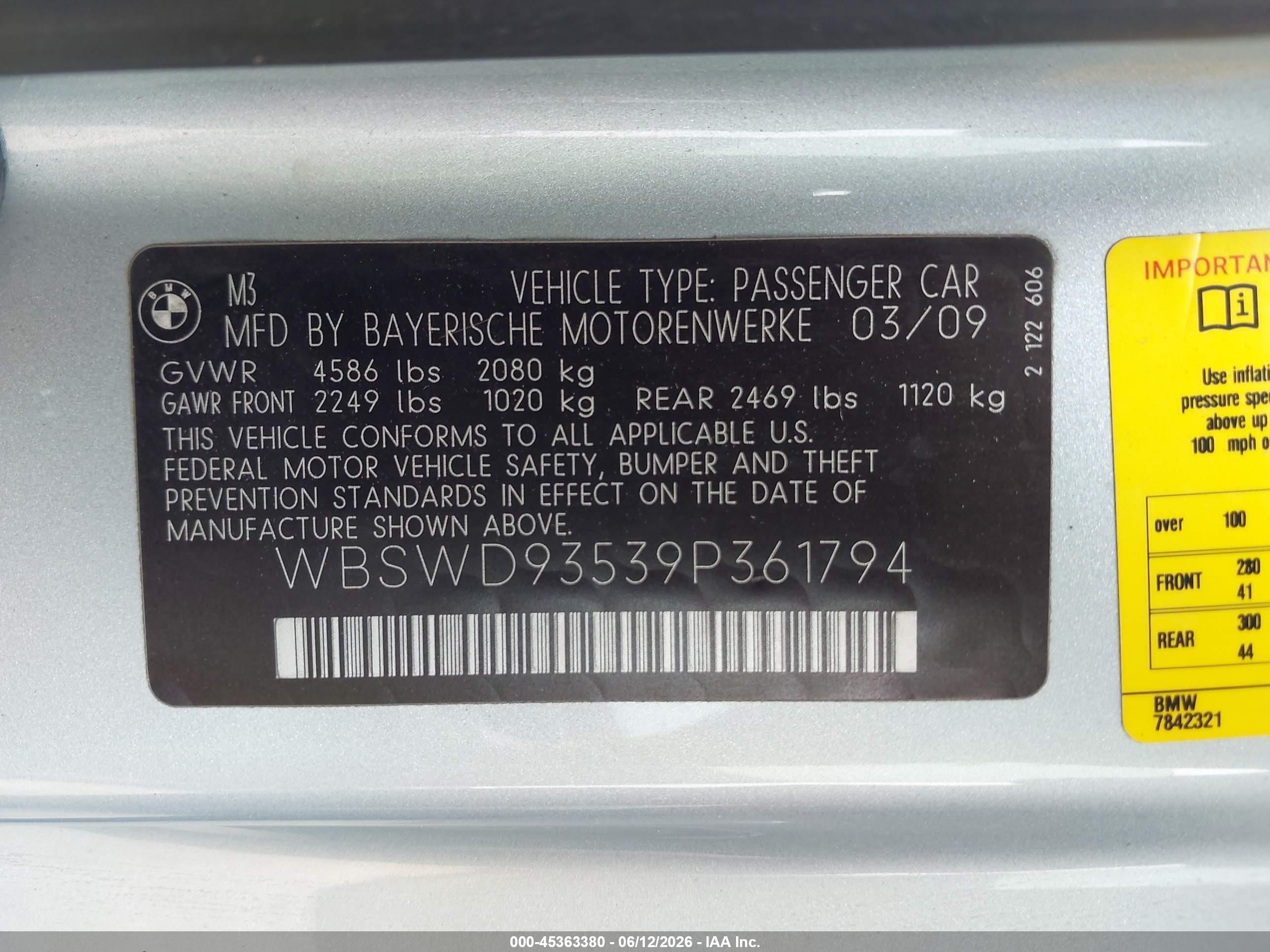 2009 Bmw M3   Light Blue vin: WBSWD93539P361794