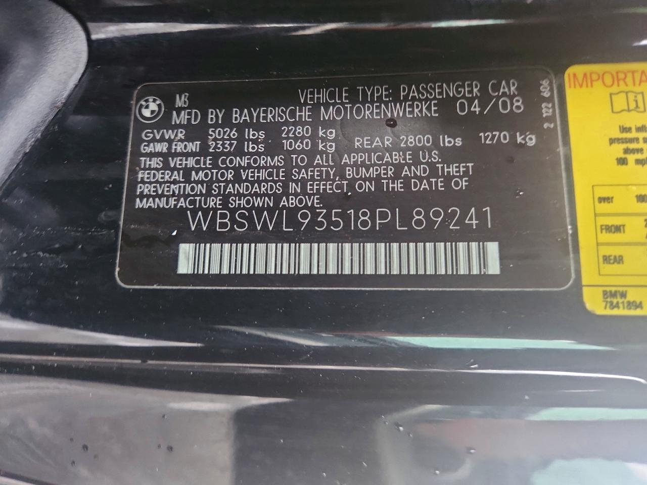 2008 Bmw Motorrad M3 Black vin: WBSWL93518PL89241