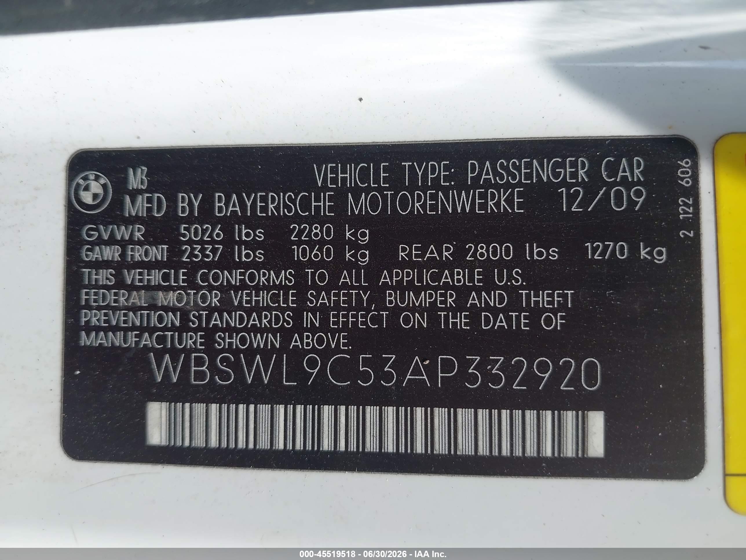 2010 Bmw M3   White vin: WBSWL9C53AP332920