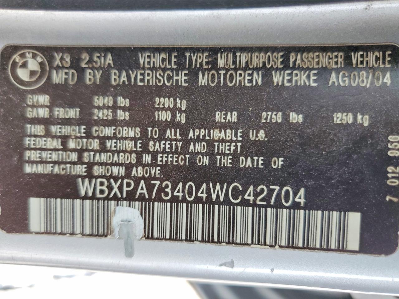 2004 Bmw X3 2.5i Серебряный vin: WBXPA73404WC42704