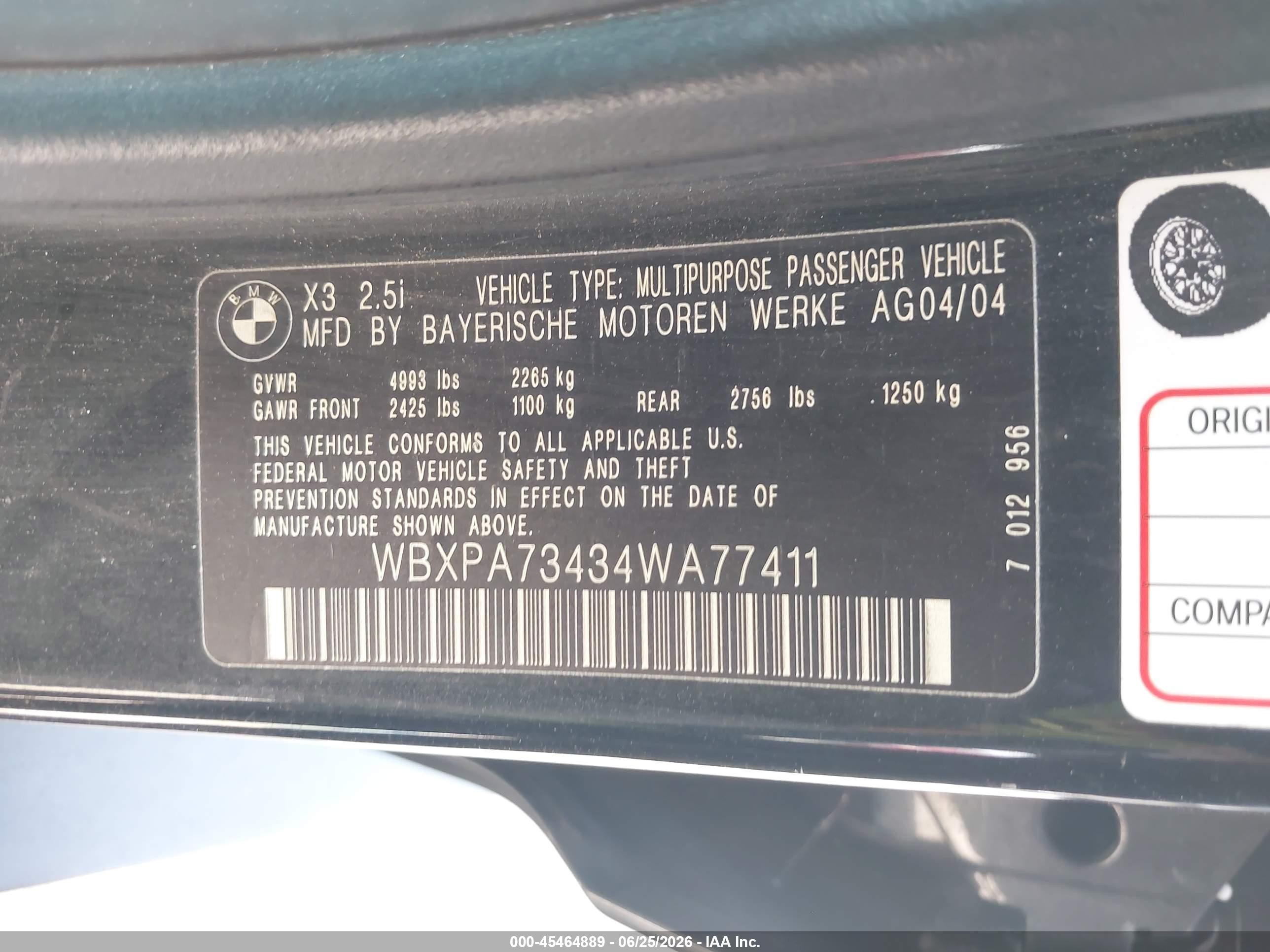 2004 Bmw X3 2.5i Black vin: WBXPA73434WA77411