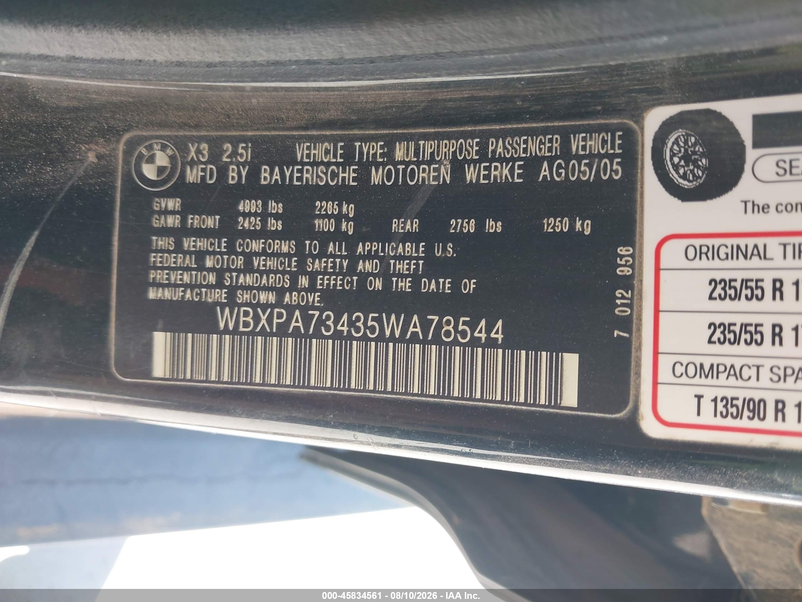 2005 Bmw X3 2.5i Черный vin: WBXPA73435WA78544