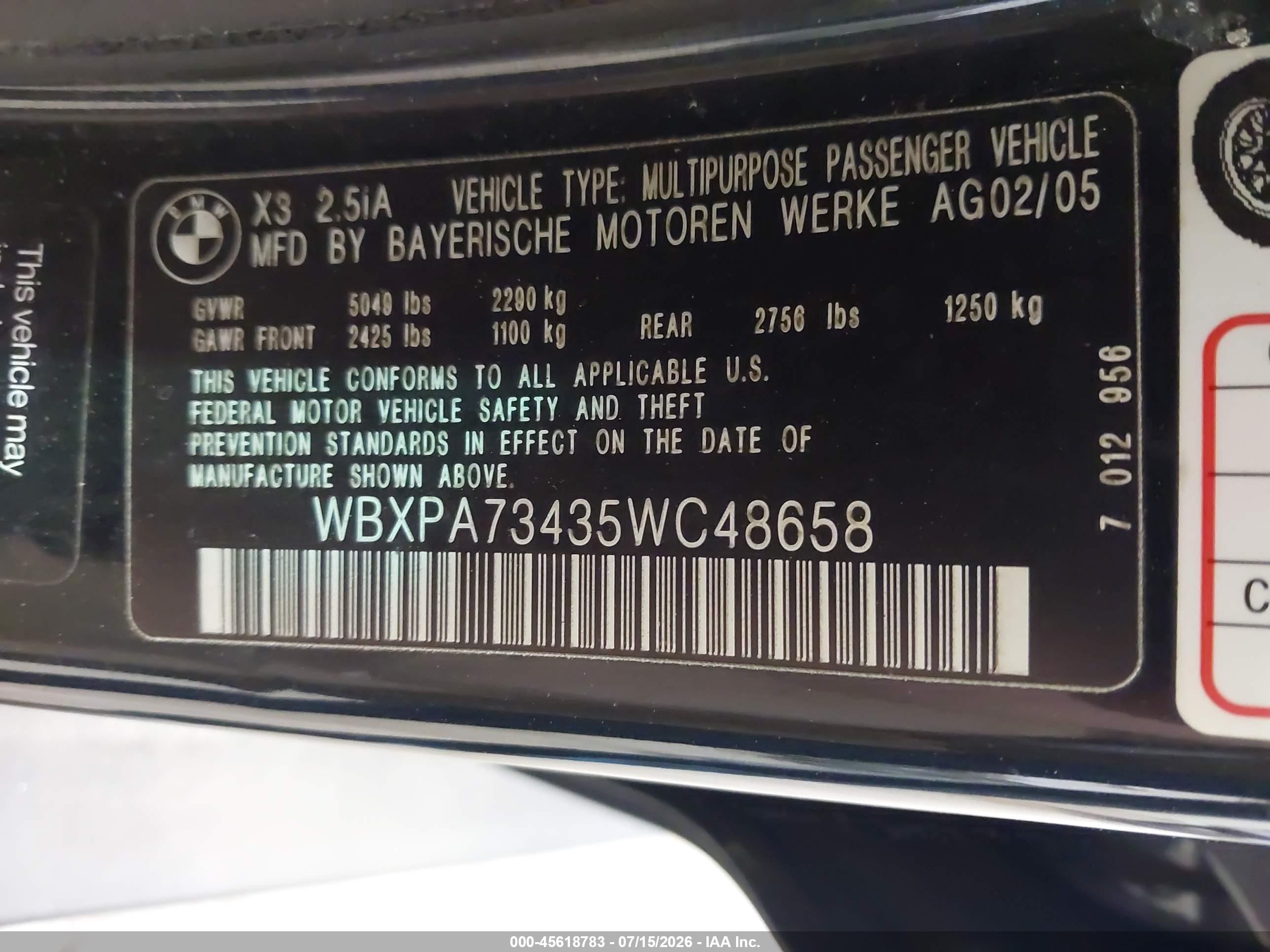 2005 Bmw X3 2.5i Black vin: WBXPA73435WC48658