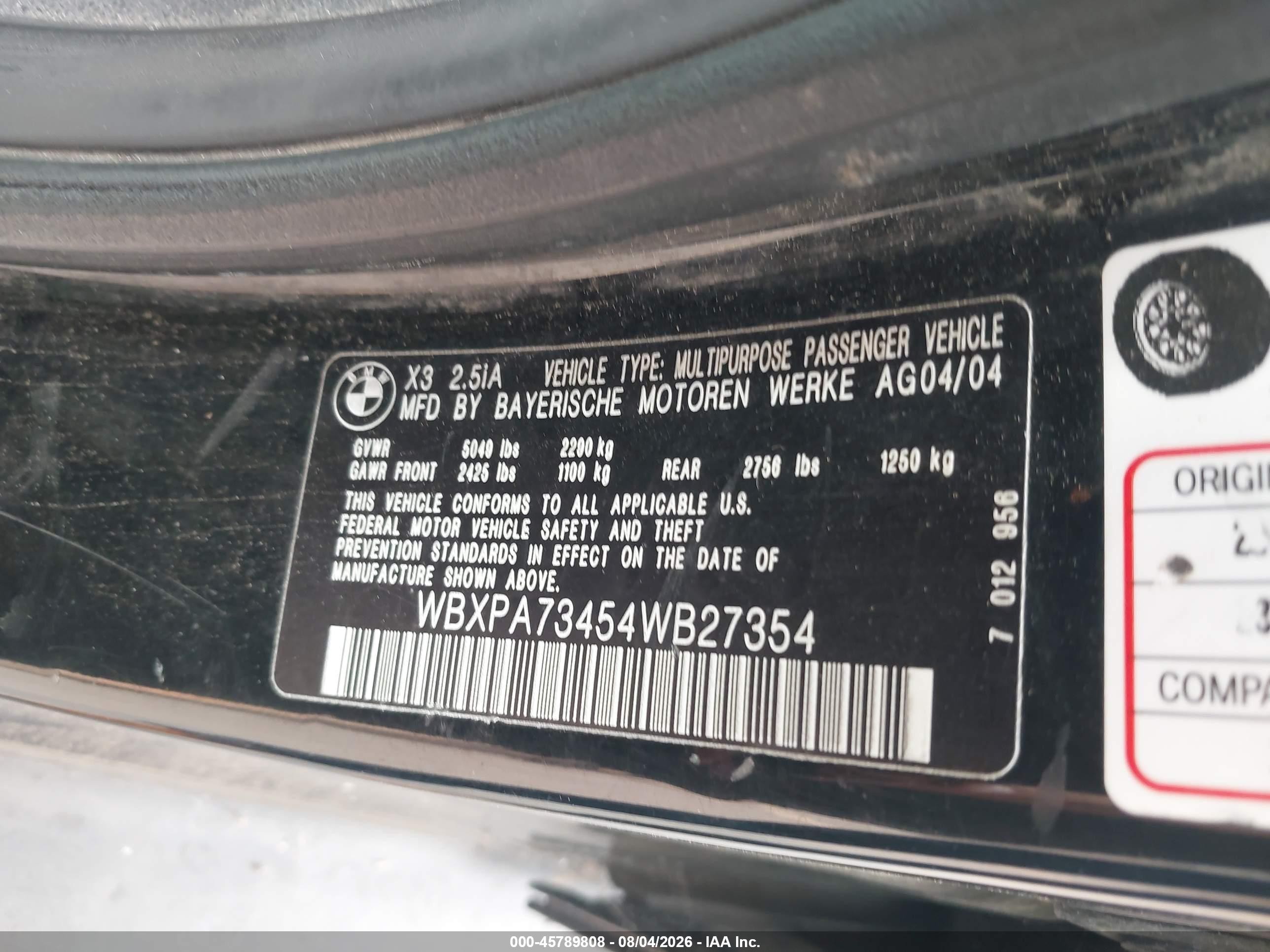 2004 Bmw X3 2.5i Black vin: WBXPA73454WB27354