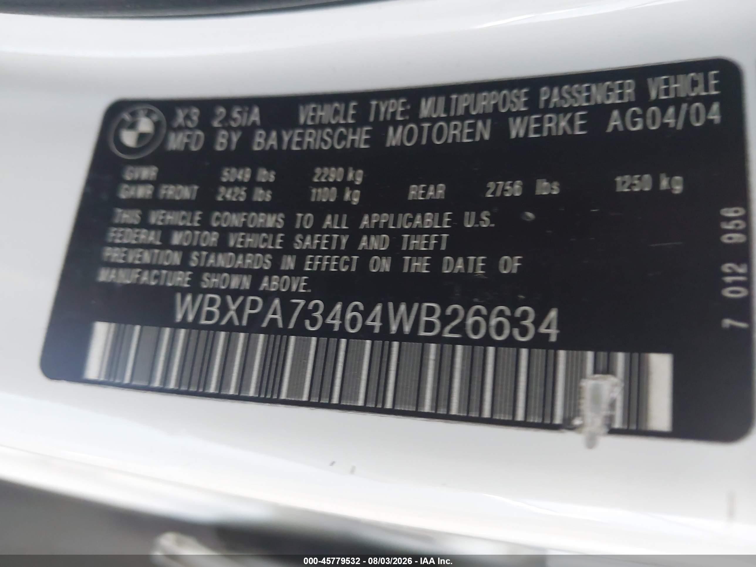 2004 Bmw X3 2.5i White vin: WBXPA73464WB26634