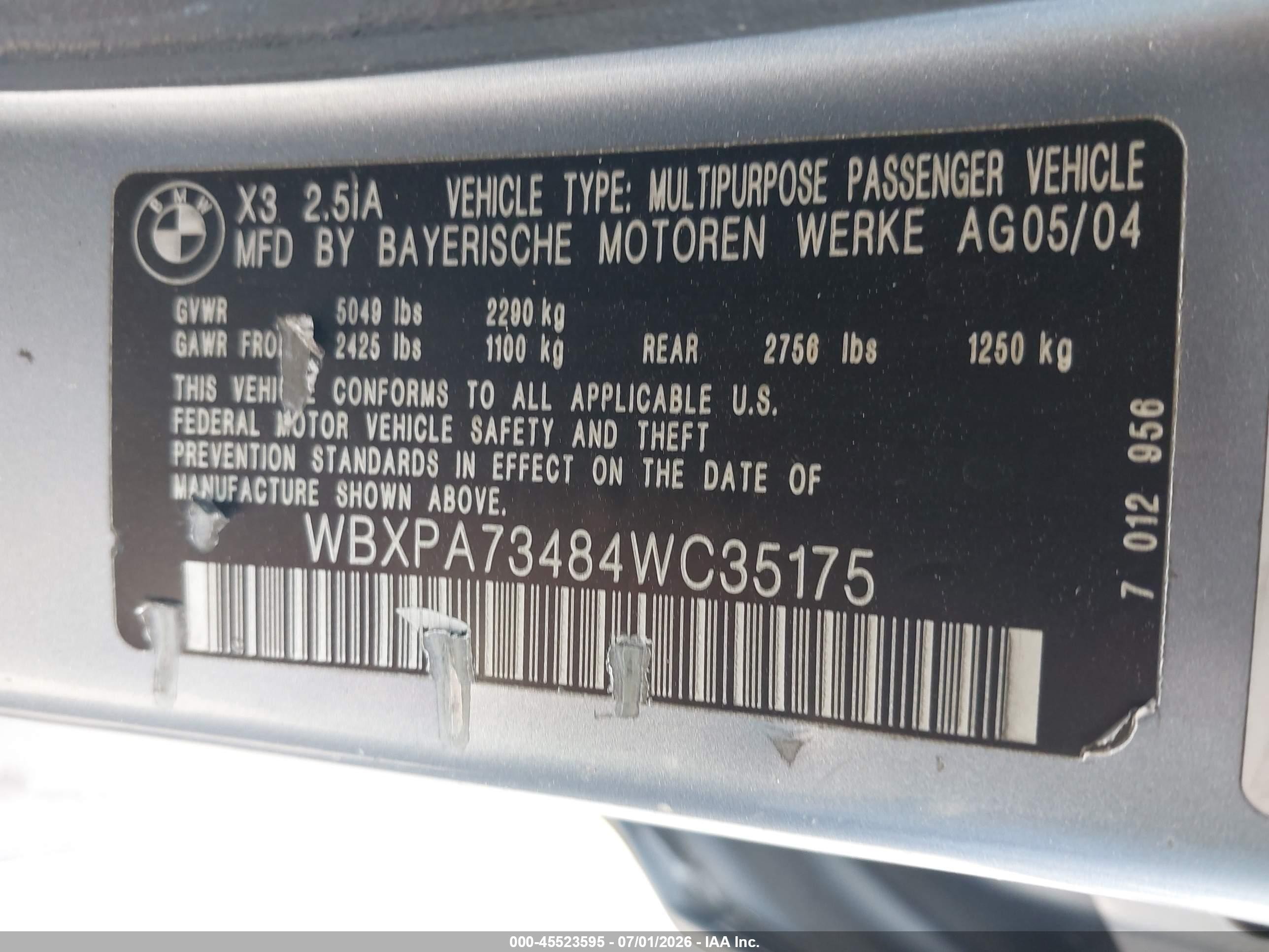 2004 Bmw X3 2.5i Light Blue vin: WBXPA73484WC35175
