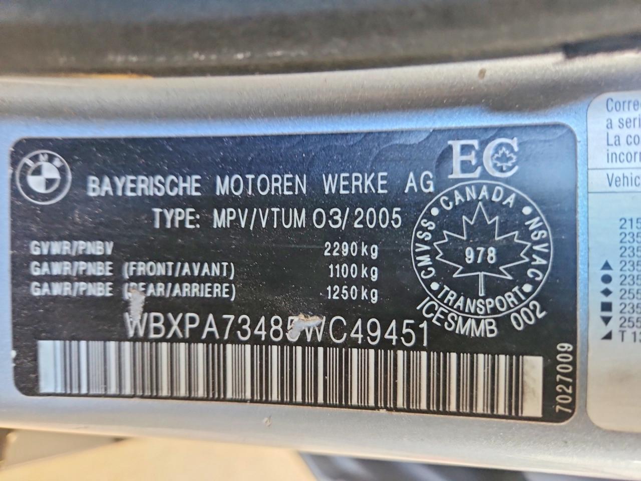 2005 Bmw X3 2.5i Blue vin: WBXPA73485WC49451