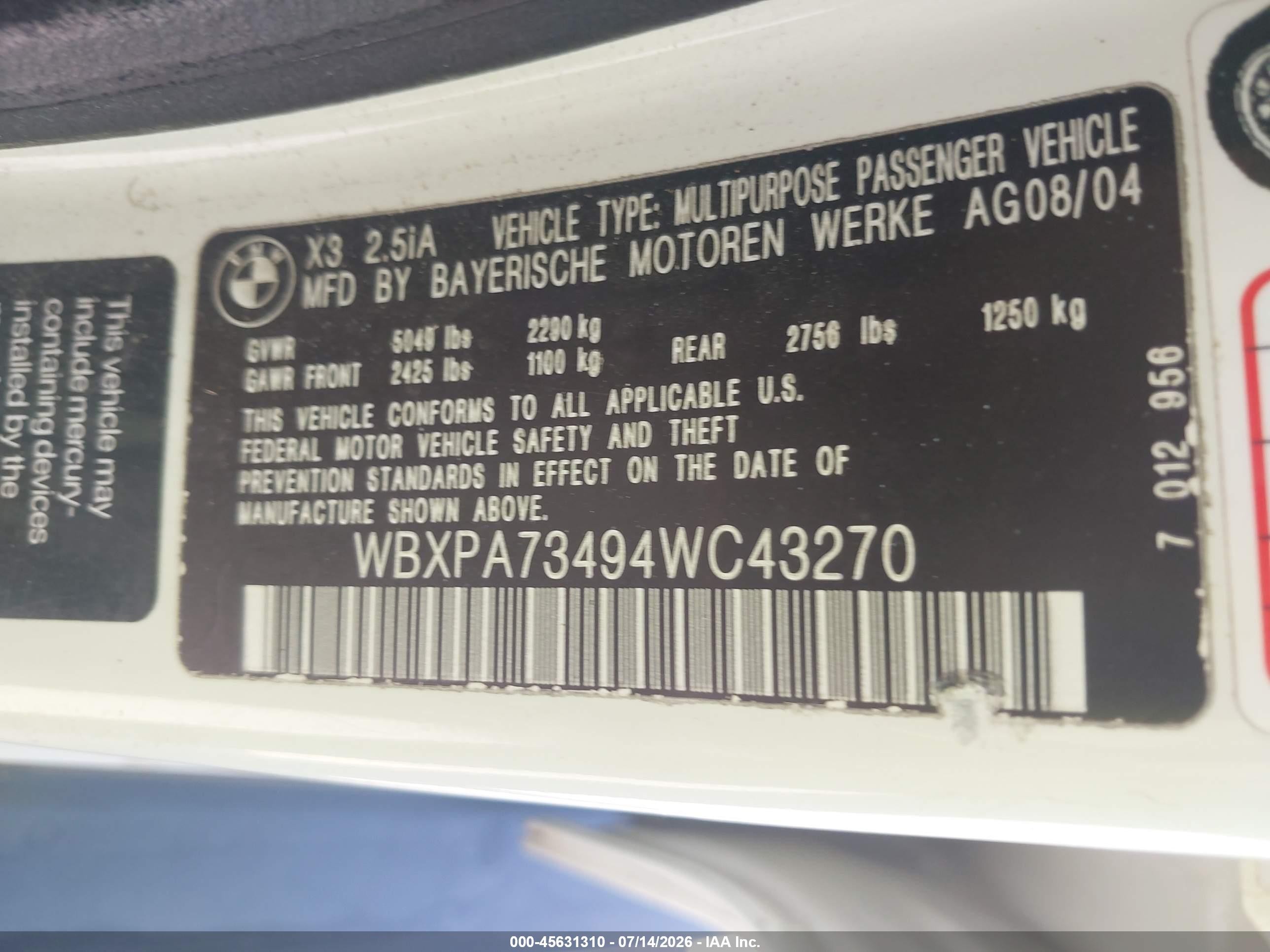 2004 Bmw X3 2.5i White vin: WBXPA73494WC43270