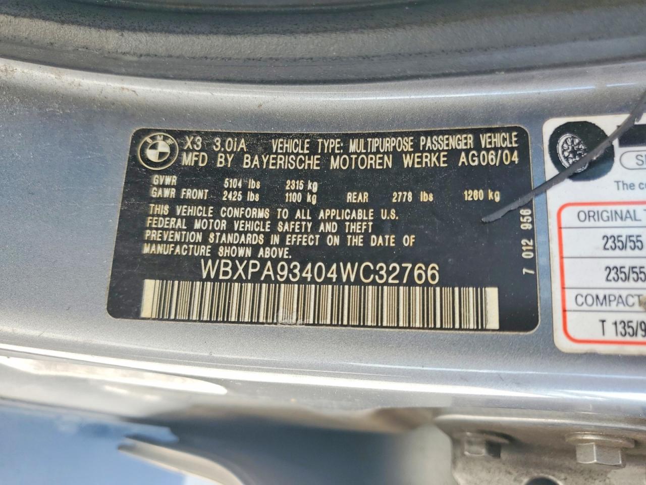 2004 Bmw X3 3.0i Silver vin: WBXPA93404WC32766