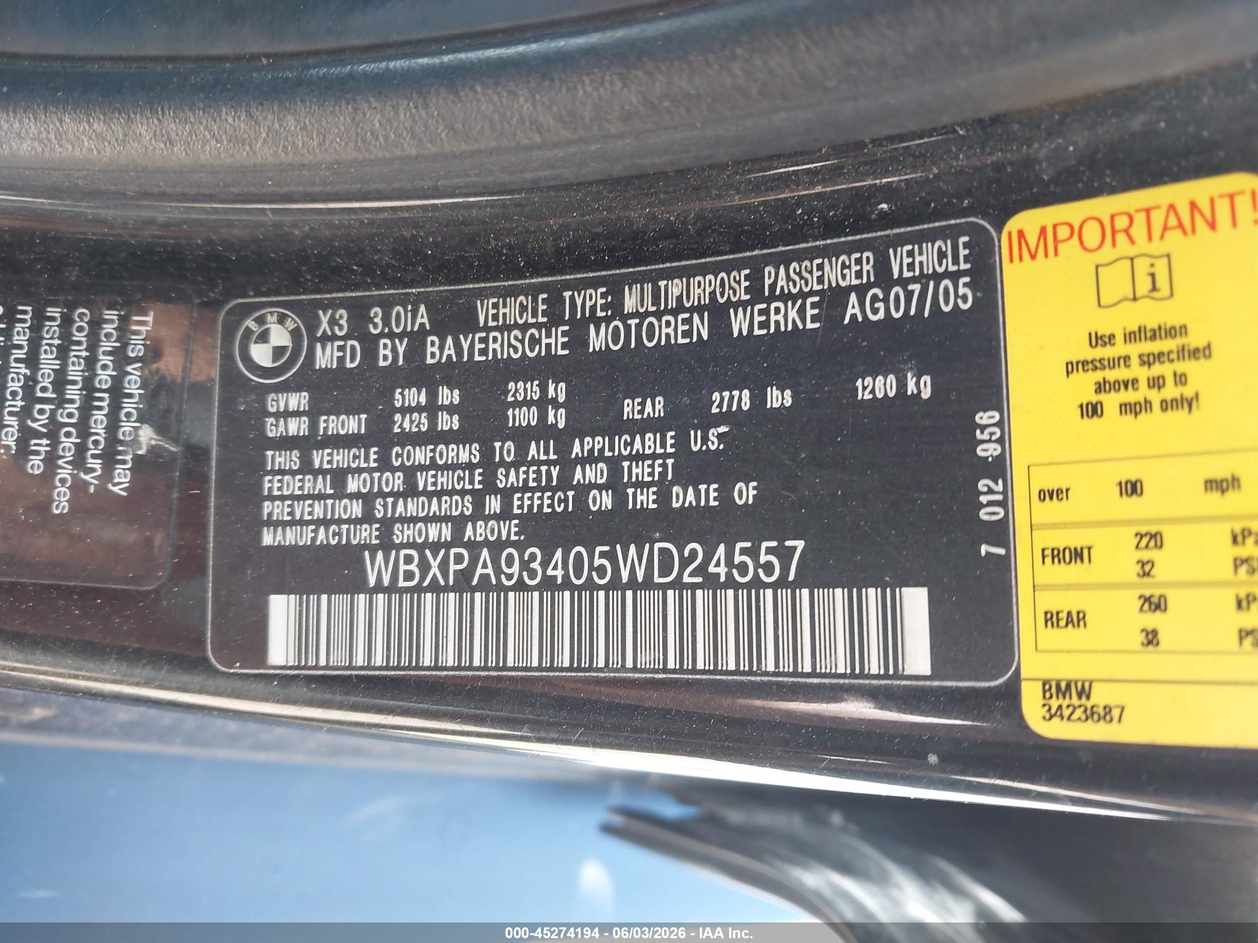 2005 Bmw X3 3.0i Black vin: WBXPA93405WD24557