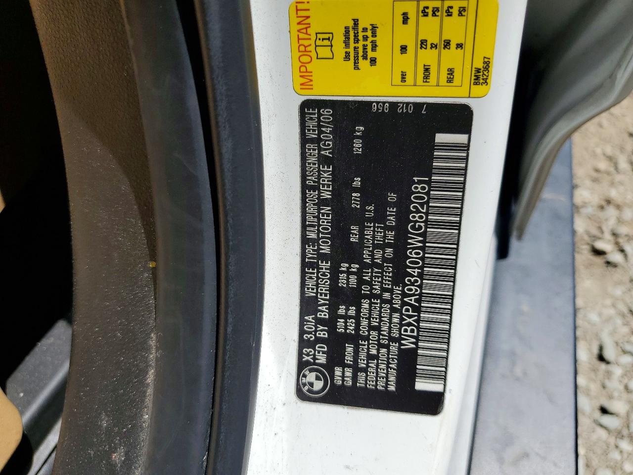 2006 Bmw X3 3.0i Белый vin: WBXPA93406WG82081