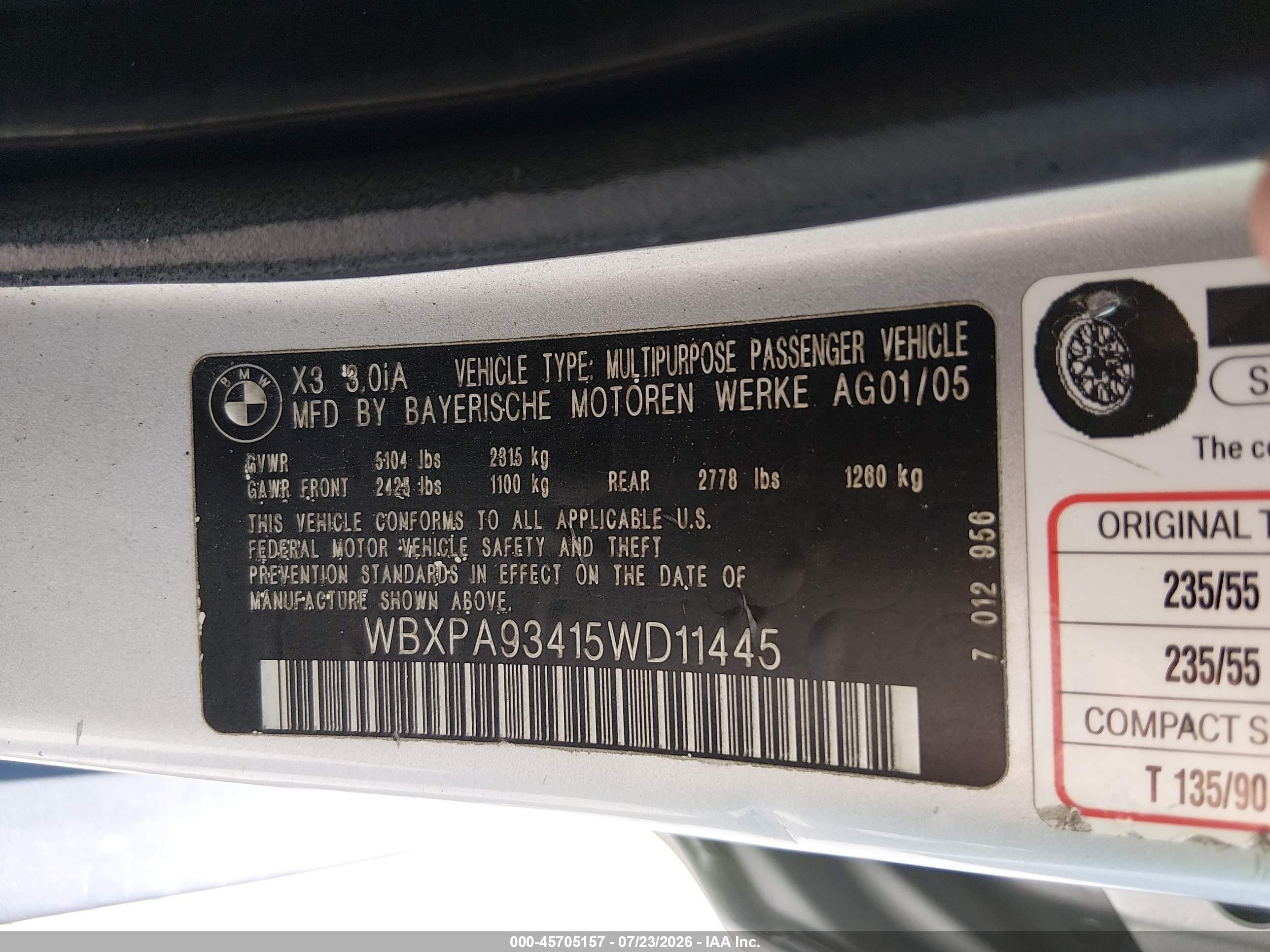 2005 Bmw X3 3.0i Silver vin: WBXPA93415WD11445
