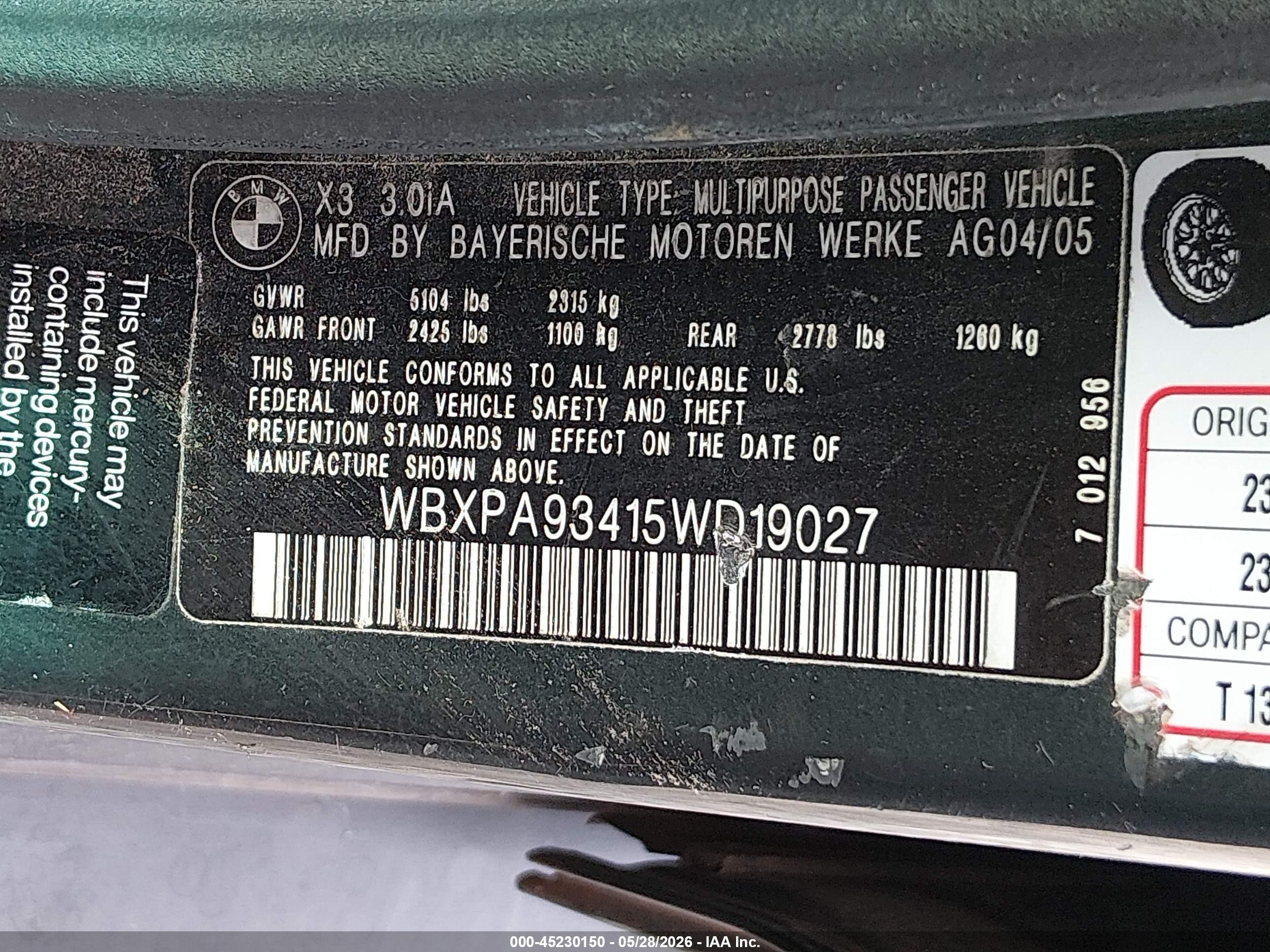 2005 Bmw X3 3.0i Gray vin: WBXPA93415WD19027