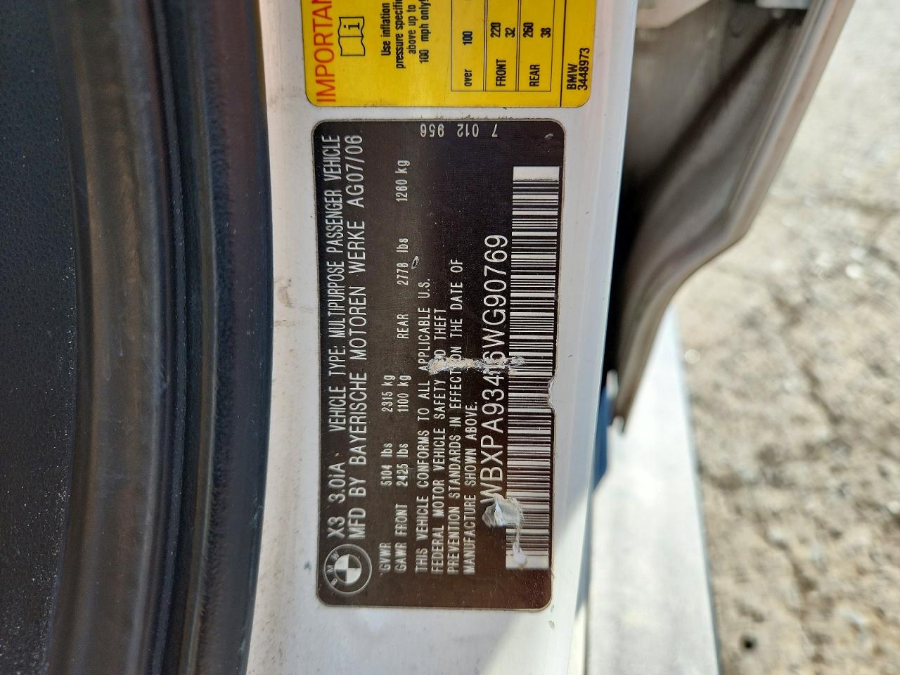 2006 Bmw X3 3.0i White vin: WBXPA93416WG90769