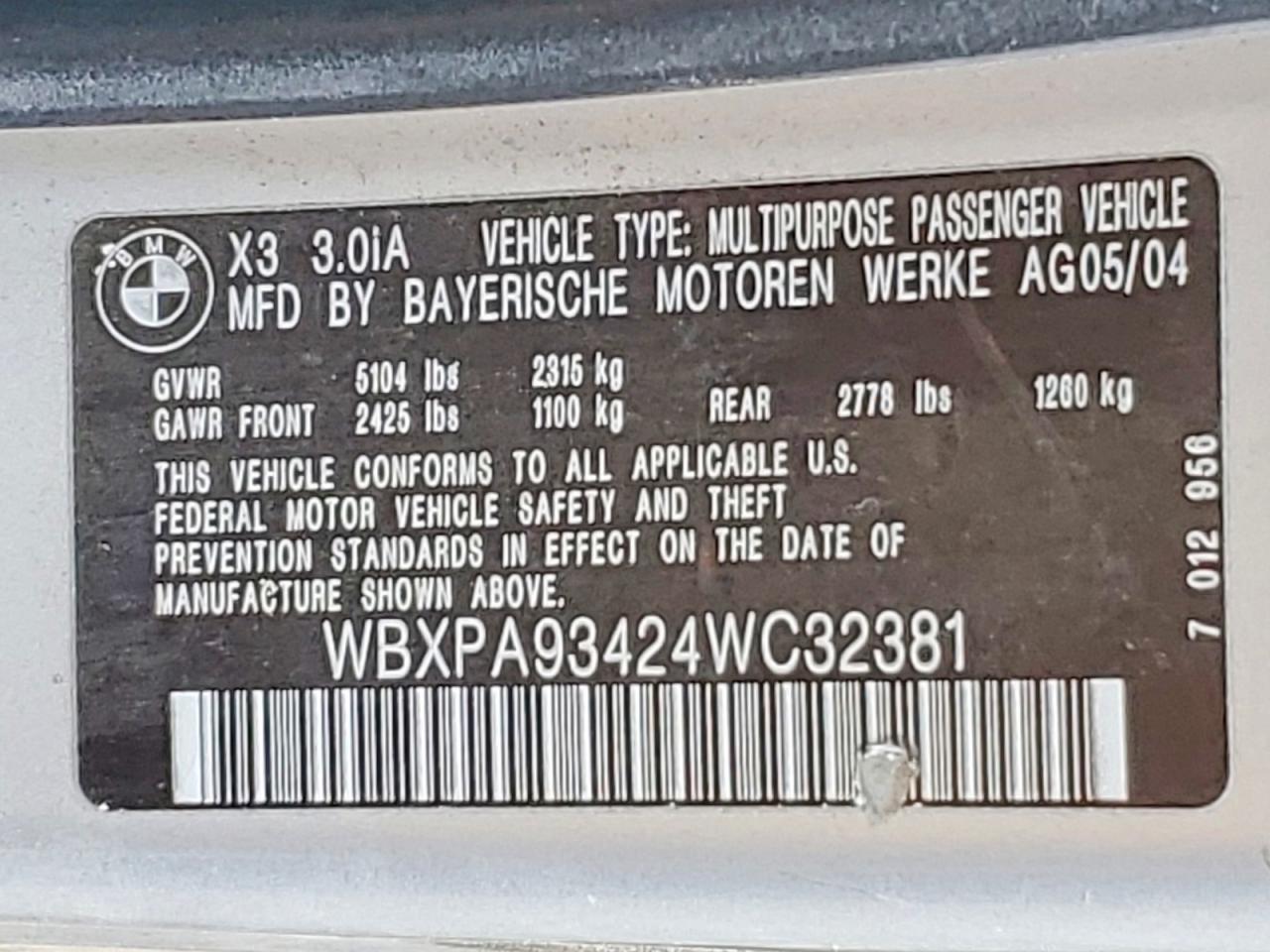 2004 Bmw X3 3.0i Silver vin: WBXPA93424WC32381