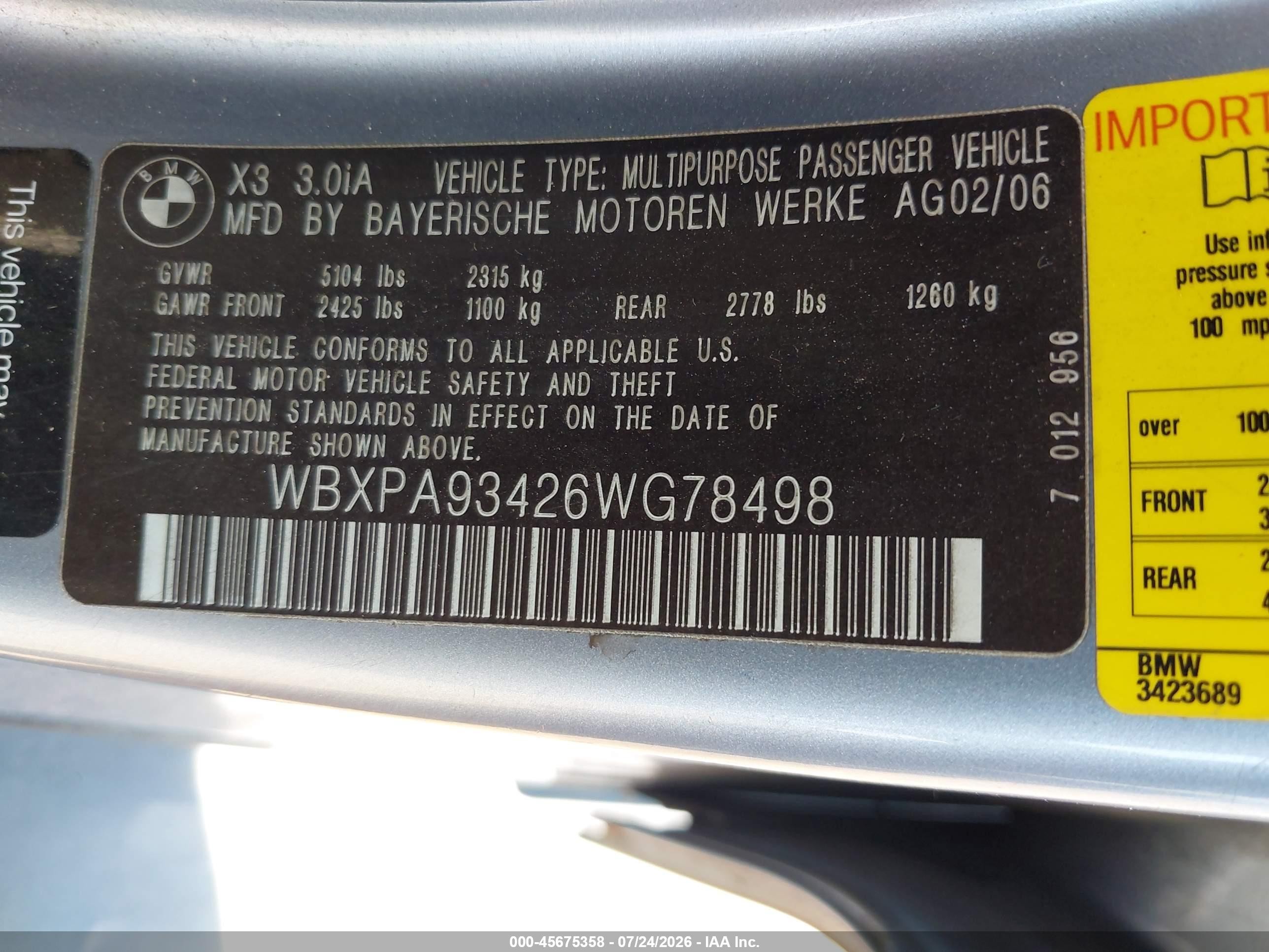 2006 Bmw X3 3.0i Light Blue vin: WBXPA93426WG78498