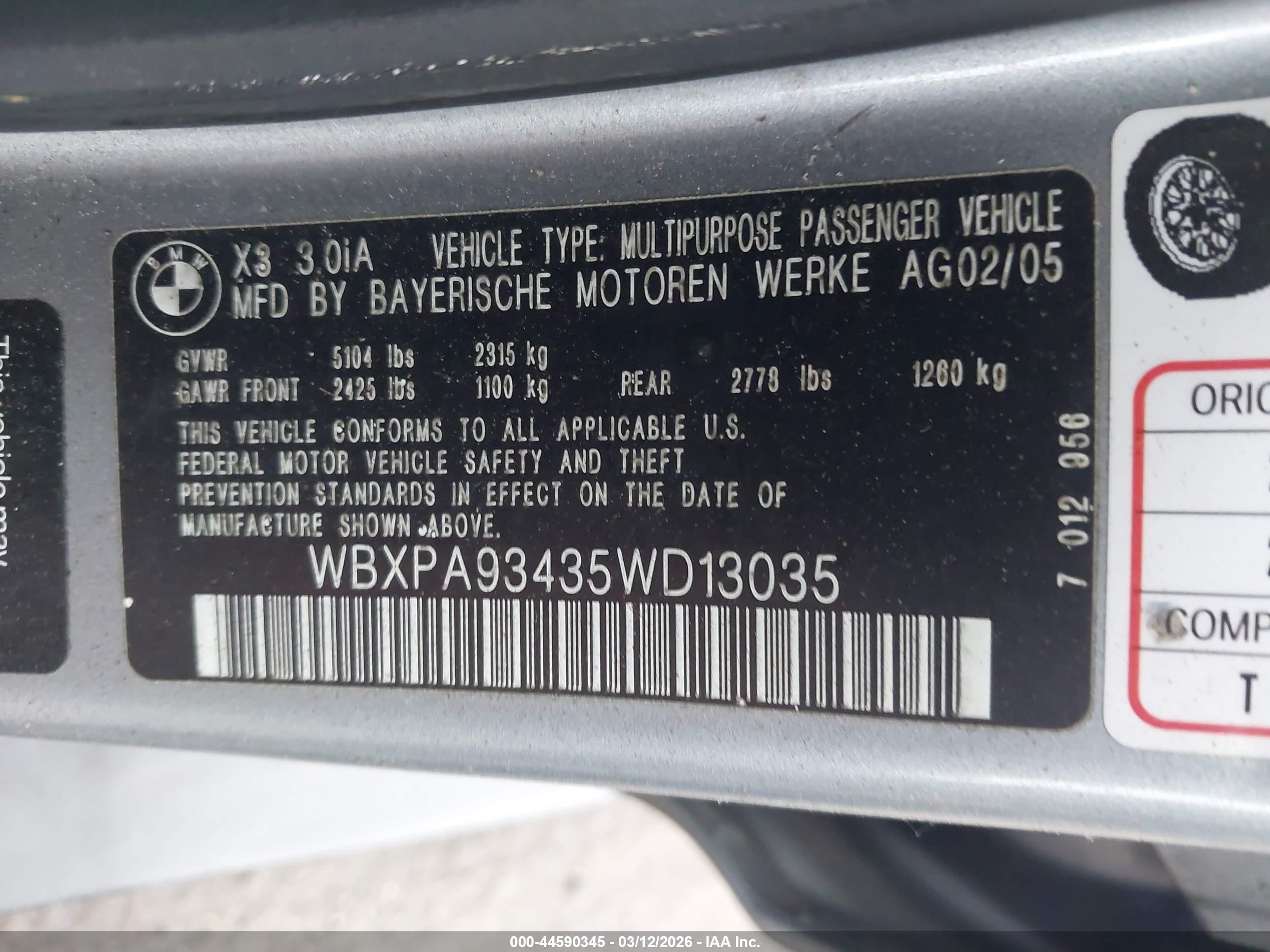 2005 Bmw X3 3.0i Gray vin: WBXPA93435WD13035