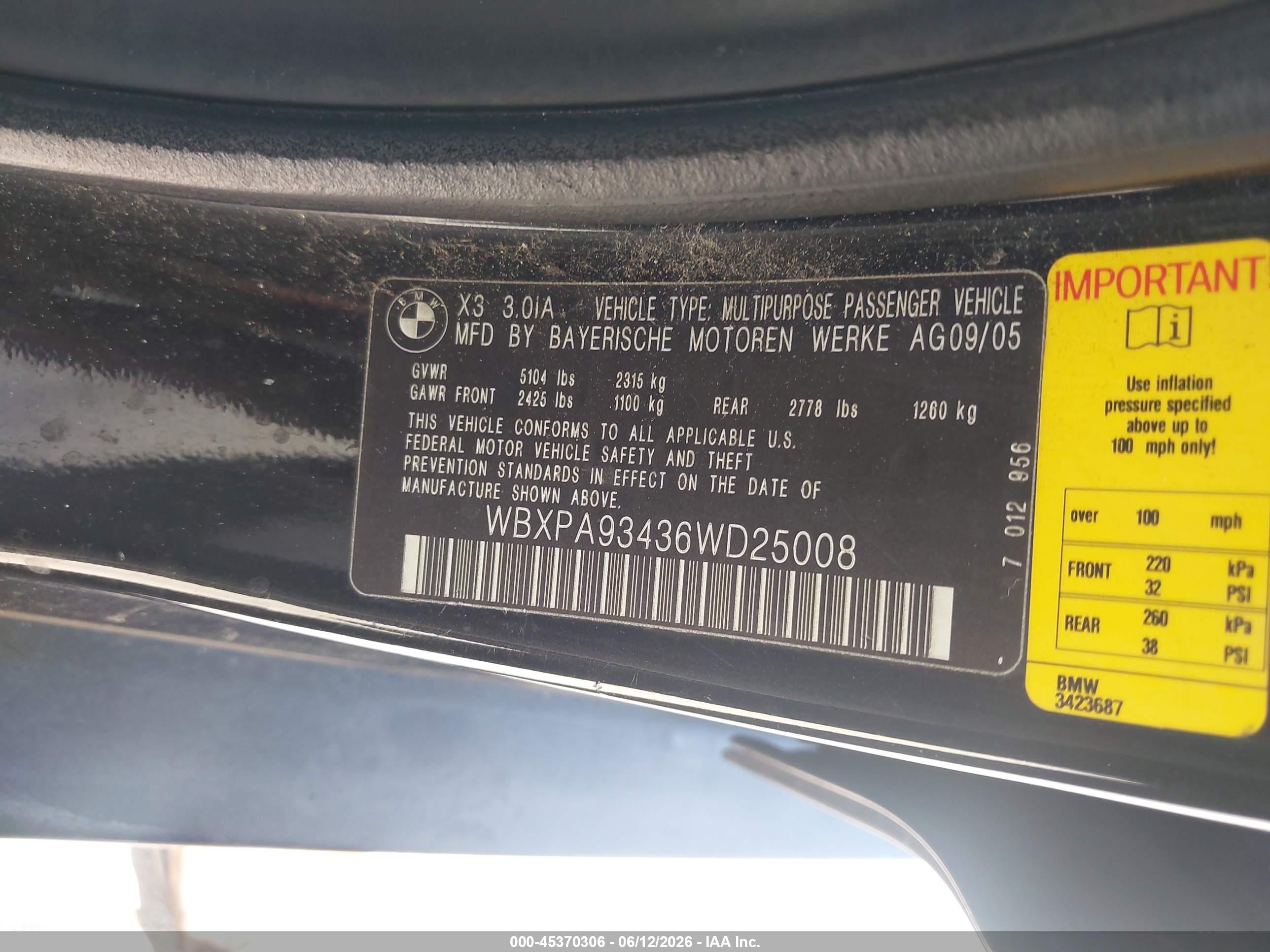 2006 Bmw X3 3.0i Black vin: WBXPA93436WD25008