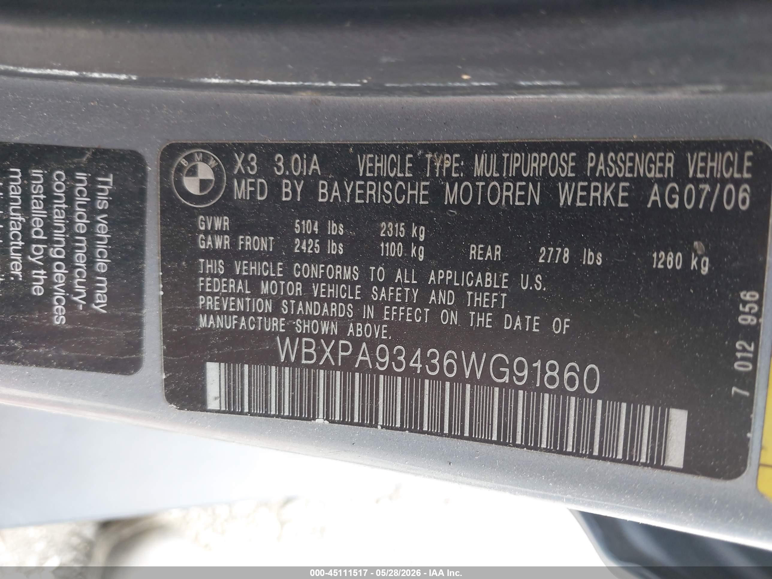2006 Bmw X3 3.0i Gray vin: WBXPA93436WG91860