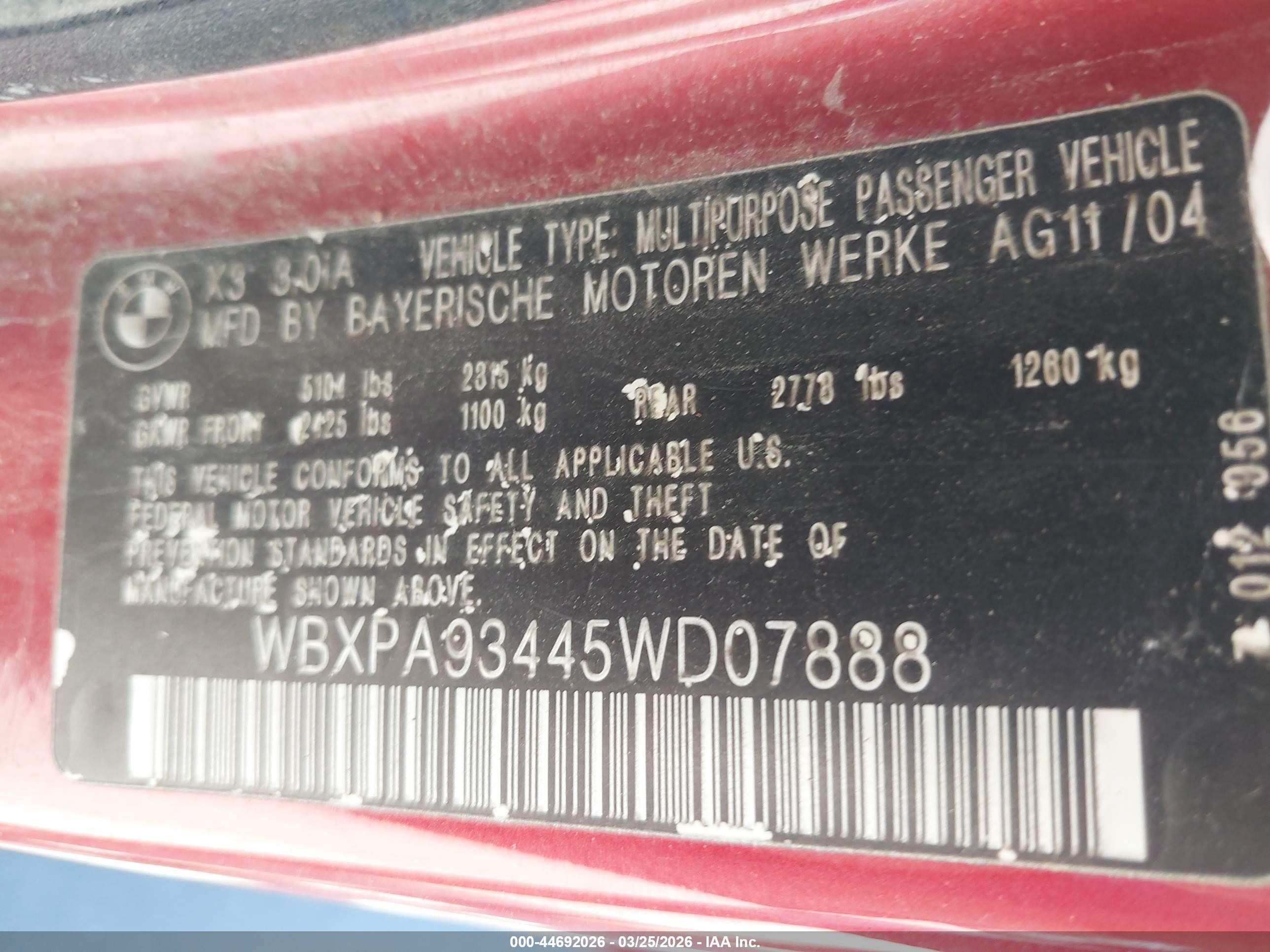 2005 Bmw X3 3.0i Red vin: WBXPA93445WD07888