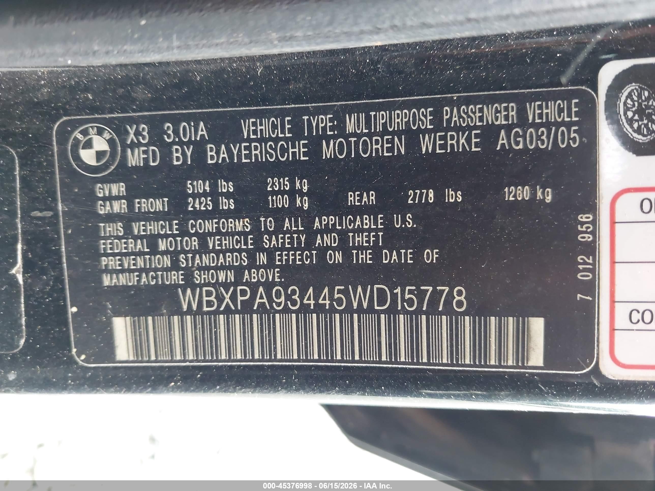 2005 Bmw X3 3.0i Черный vin: WBXPA93445WD15778