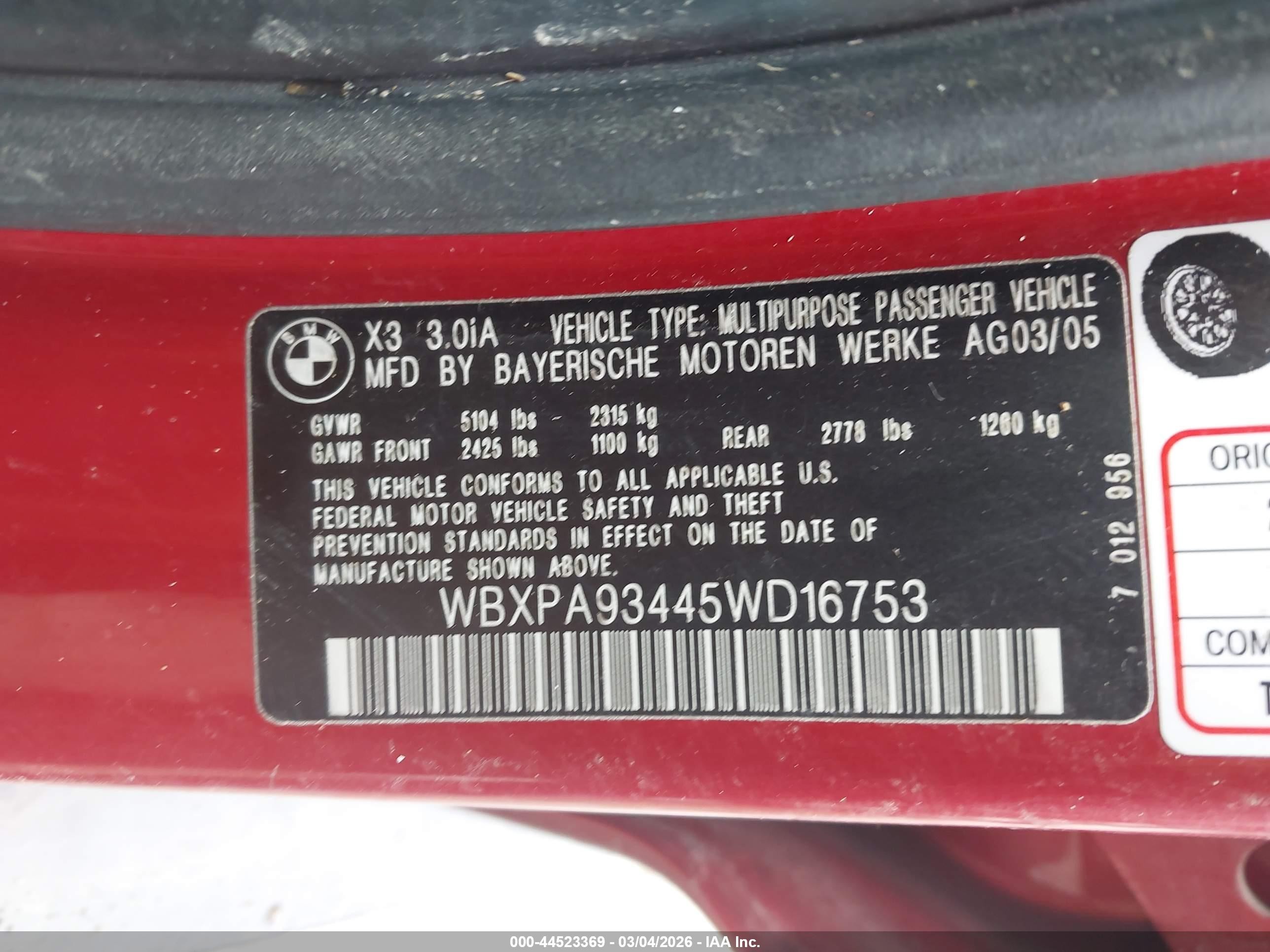 2005 Bmw X3 3.0i Red vin: WBXPA93445WD16753