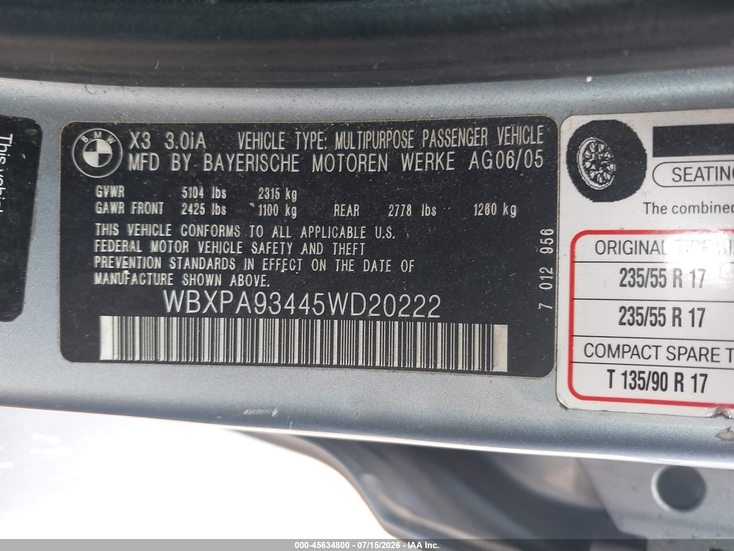 2005 Bmw X3 3.0i Light Blue vin: WBXPA93445WD20222