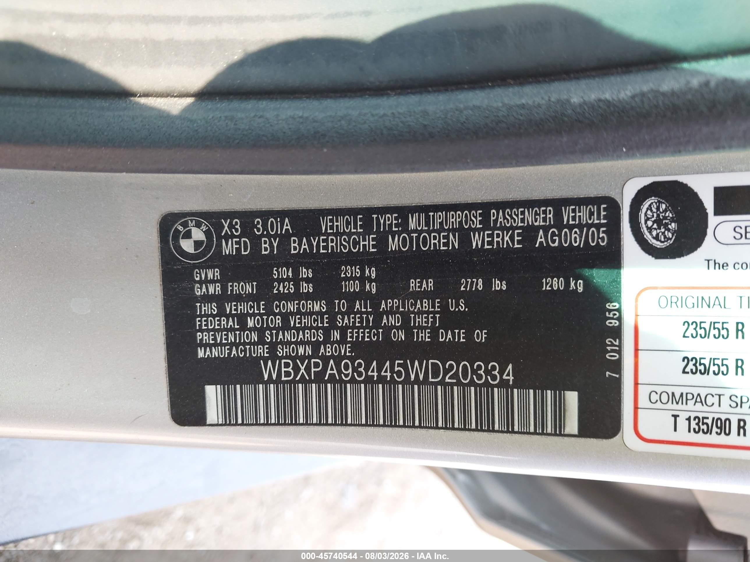 2005 Bmw X3 3.0i Silver vin: WBXPA93445WD20334