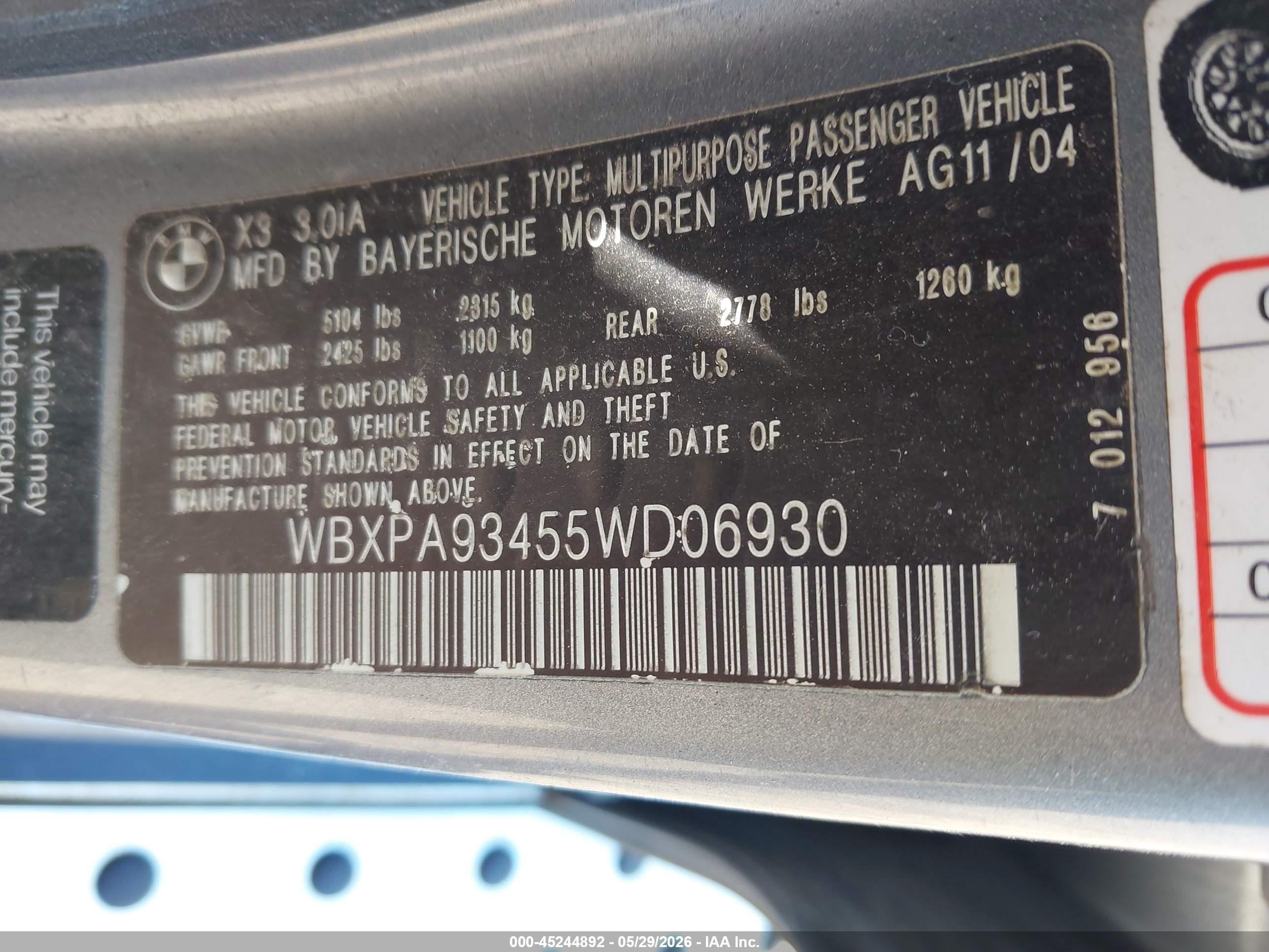 2005 Bmw X3 3.0i Silver vin: WBXPA93455WD06930