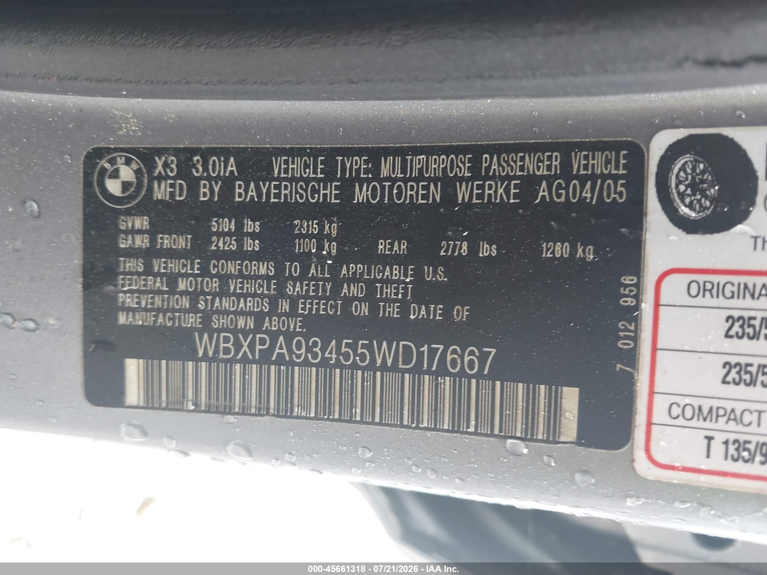2005 Bmw X3 3.0i Gray vin: WBXPA93455WD17667