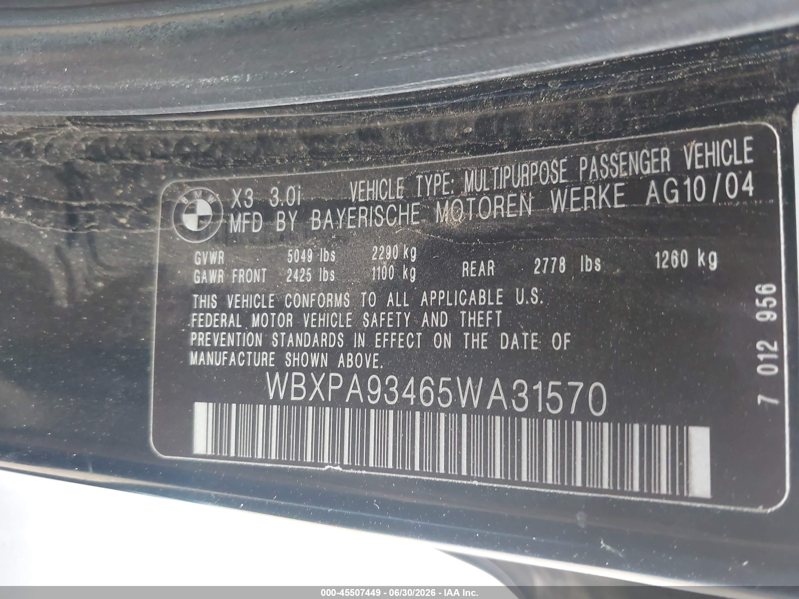 2005 Bmw X3 3.0i Black vin: WBXPA93465WA31570
