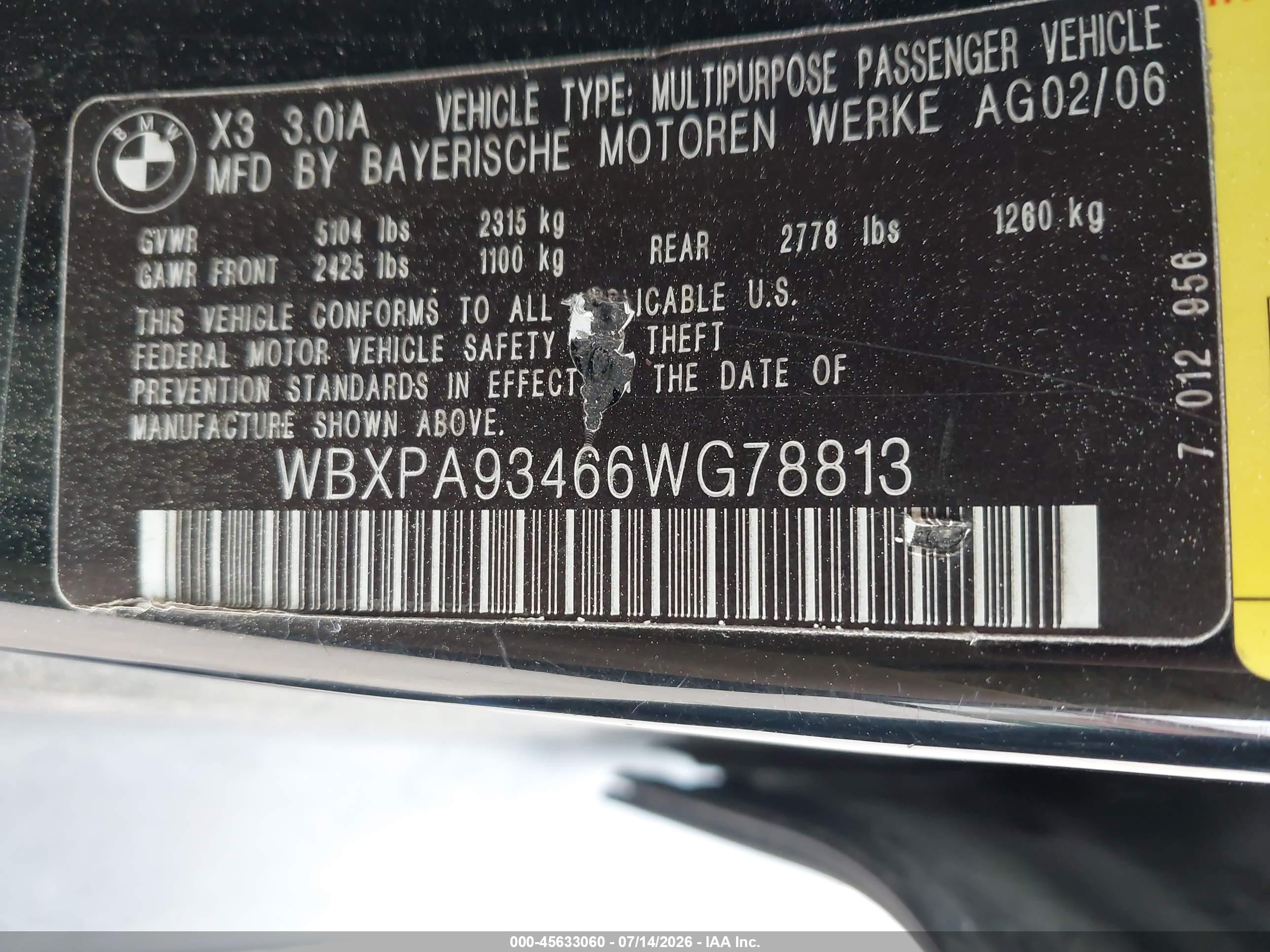 2006 Bmw X3 3.0i Black vin: WBXPA93466WG78813