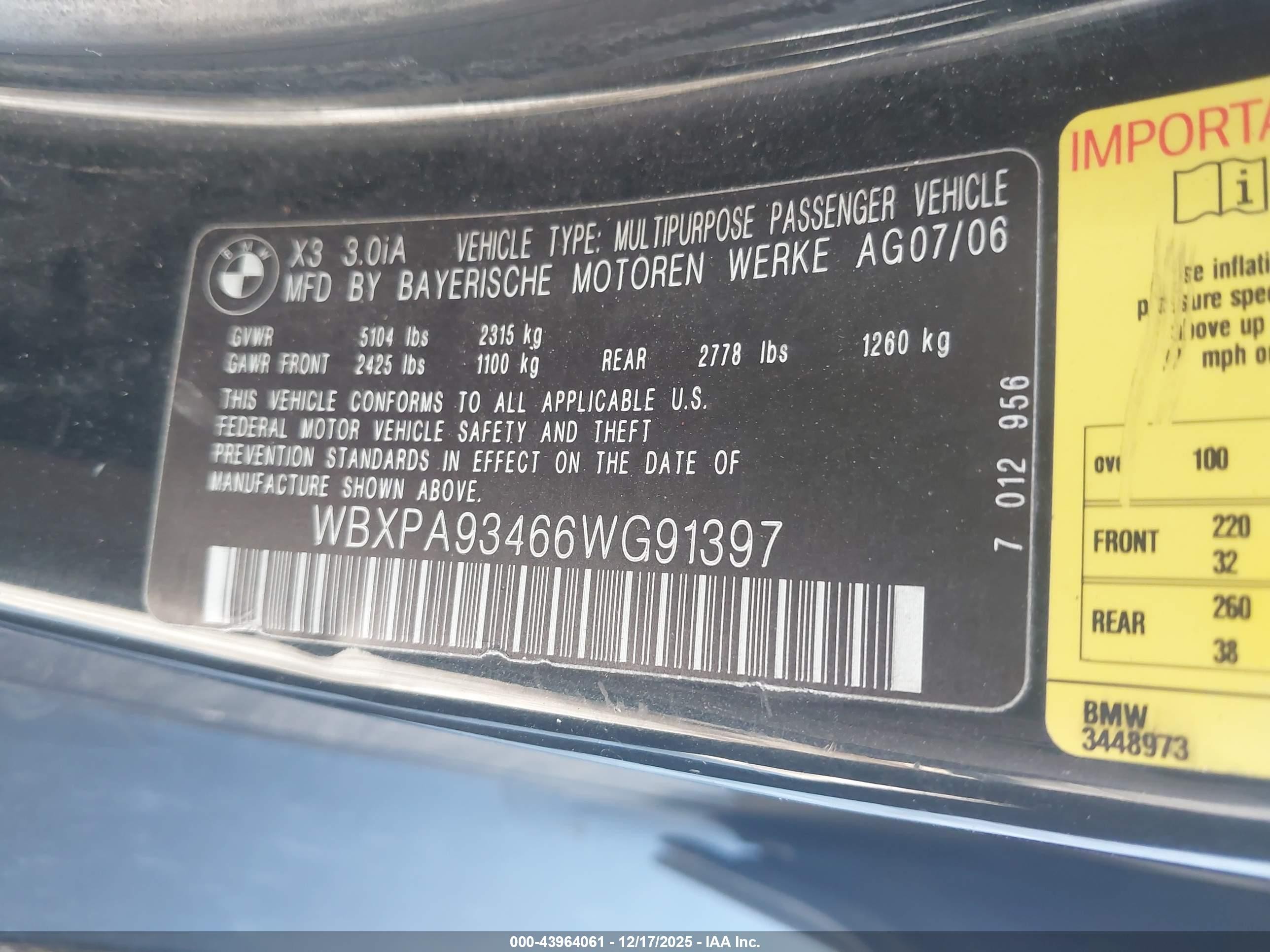 2006 Bmw X3 3.0i Black vin: WBXPA93466WG91397
