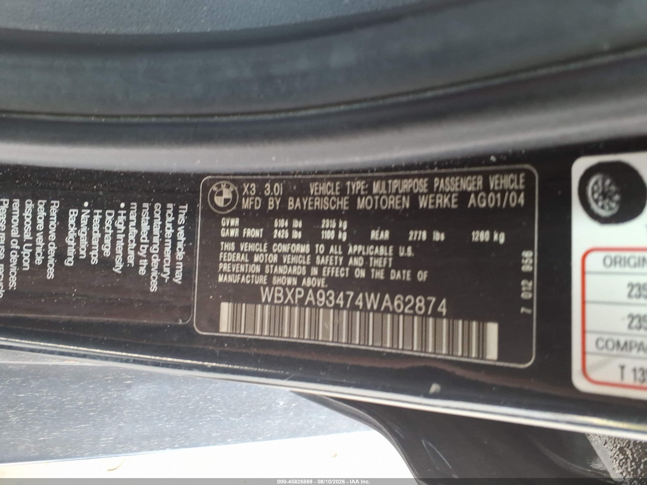 2004 Bmw X3 3.0i Черный vin: WBXPA93474WA62874