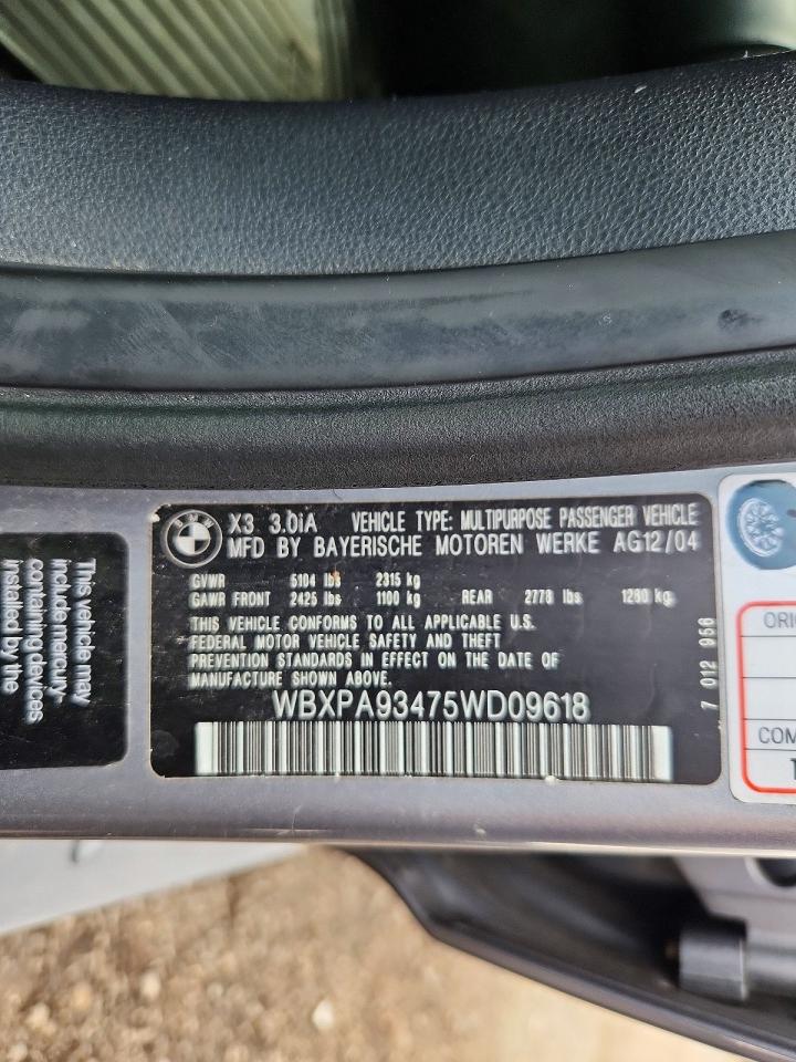 2005 Bmw X3 3.0i Gray vin: WBXPA93475WD09618