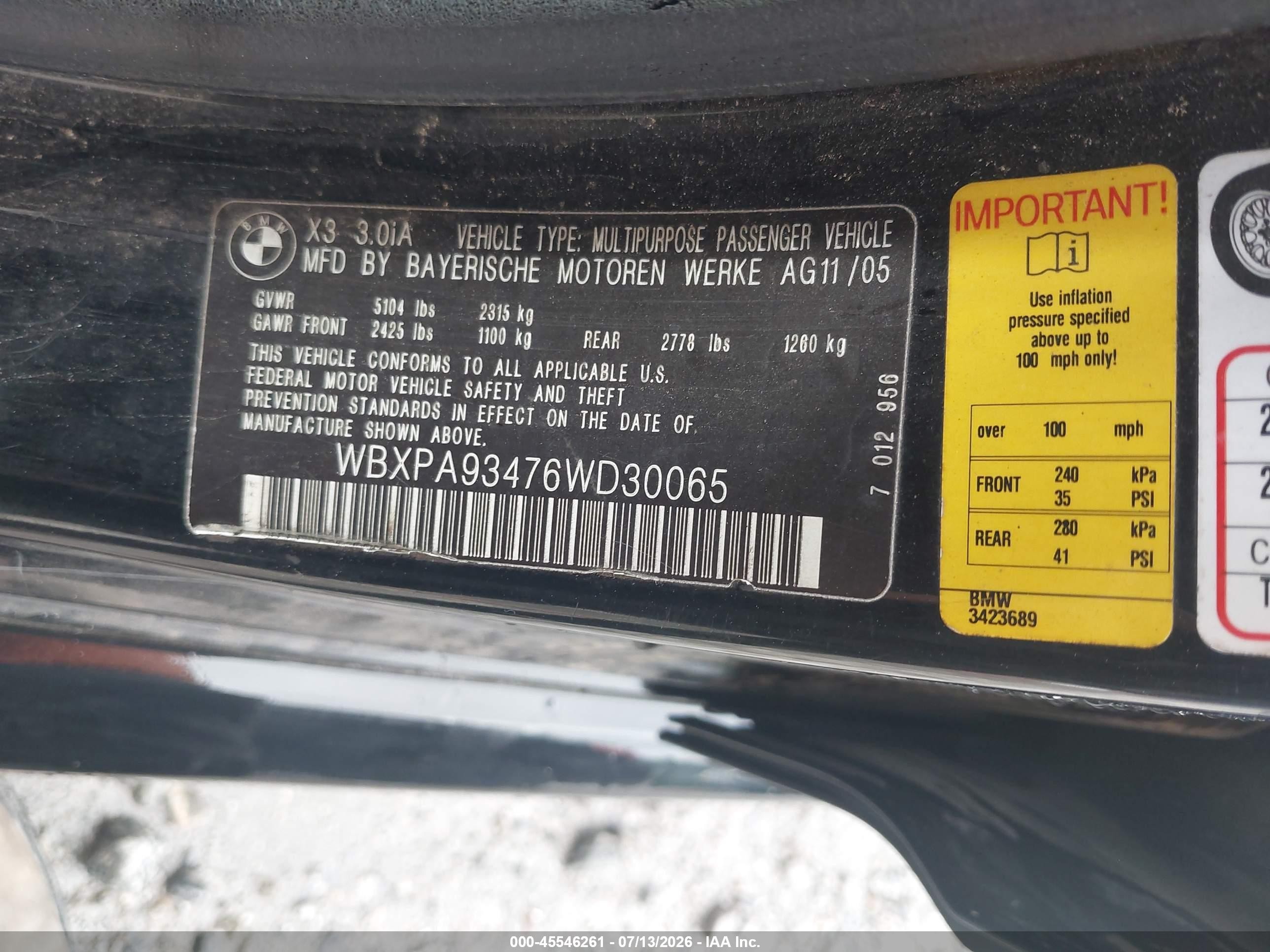 2006 Bmw X3 3.0i Черный vin: WBXPA93476WD30065