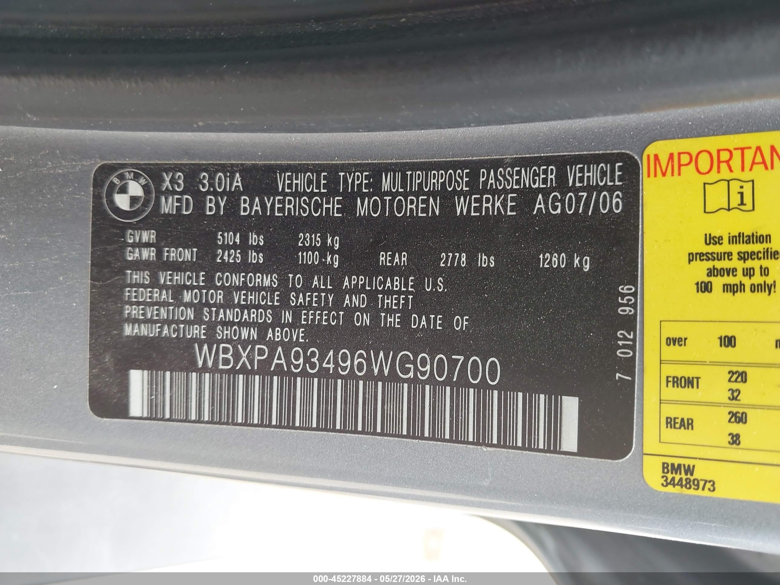 2006 Bmw X3 3.0i Silver vin: WBXPA93496WG90700