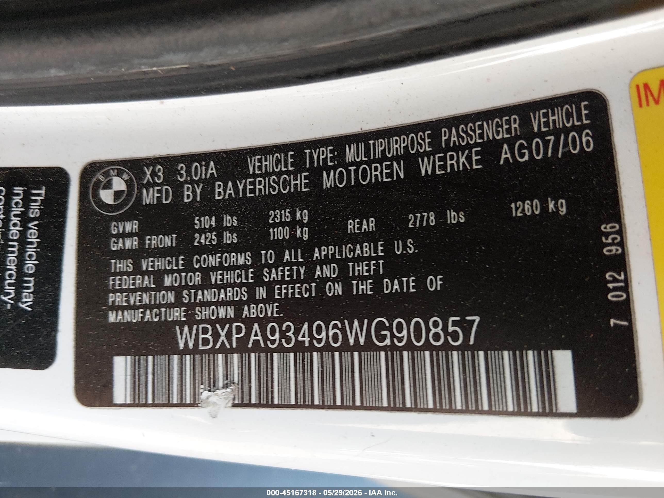 2006 Bmw X3 3.0i White vin: WBXPA93496WG90857