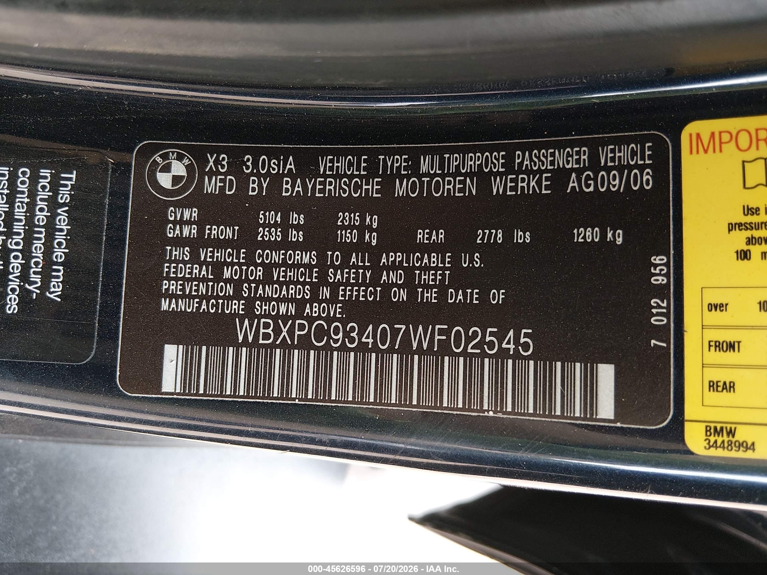 2007 Bmw X3 3.0si Dark Blue vin: WBXPC93407WF02545