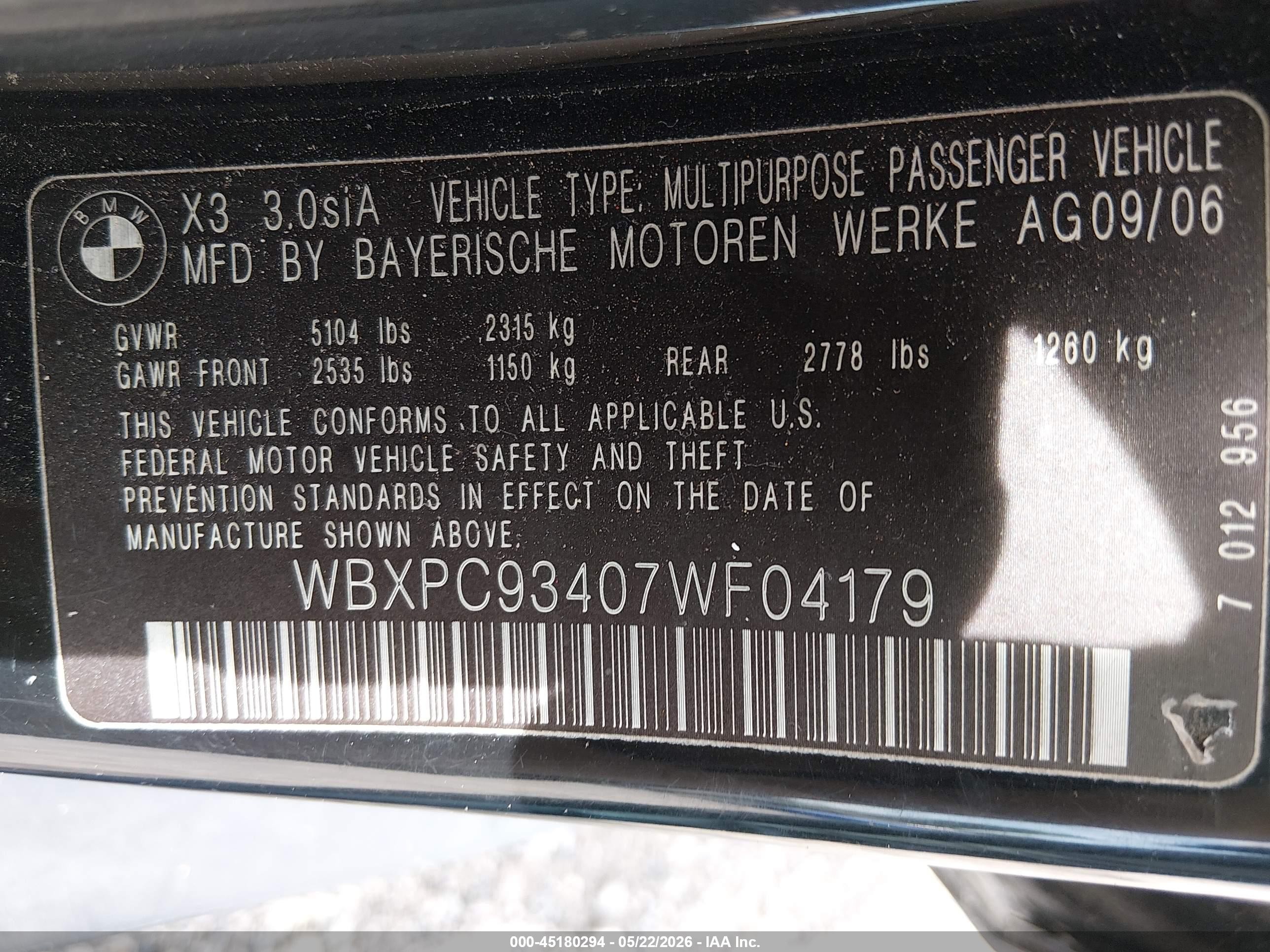 2007 Bmw X3 3.0si Black vin: WBXPC93407WF04179