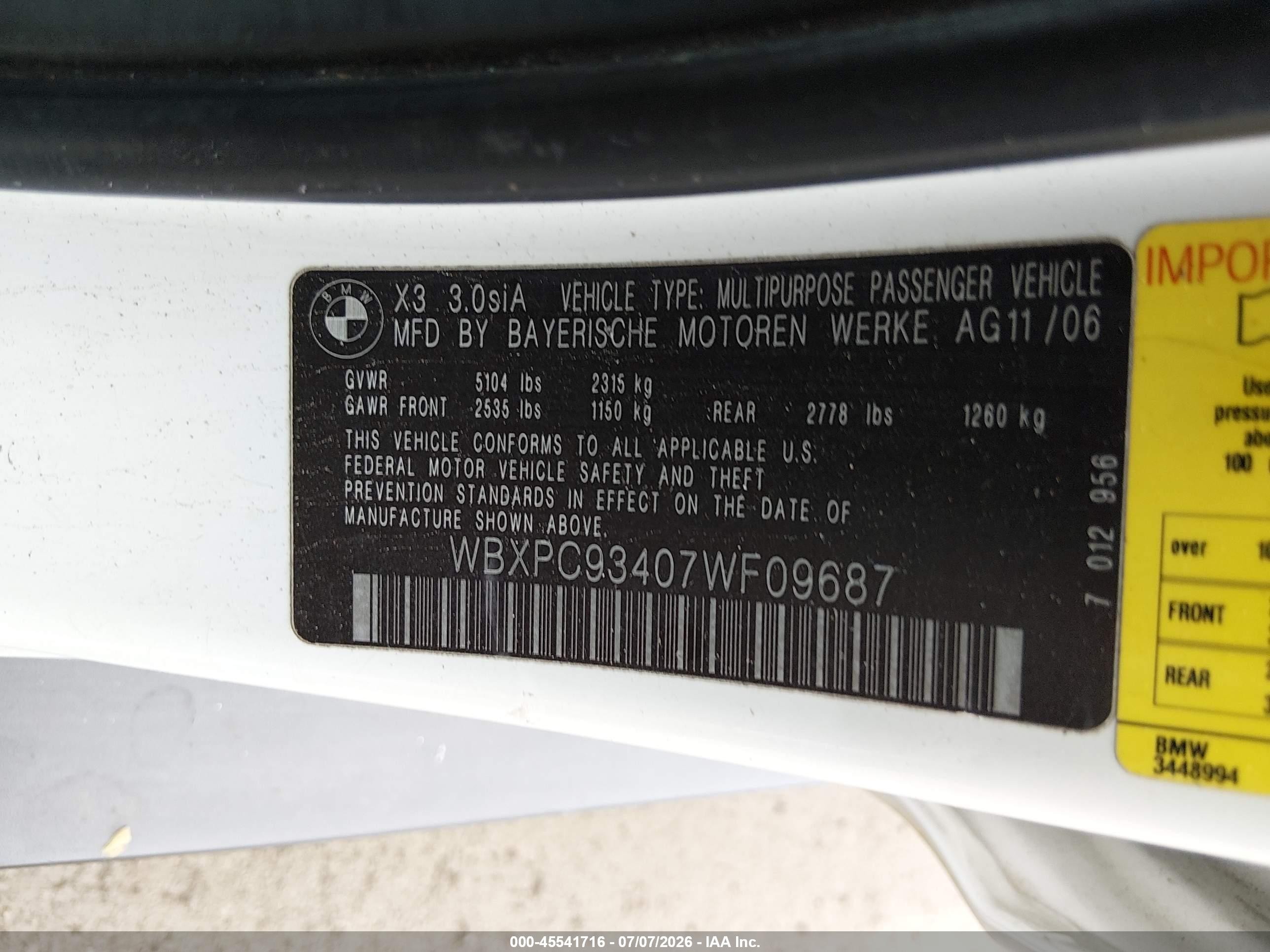 2007 Bmw X3 3.0si White vin: WBXPC93407WF09687