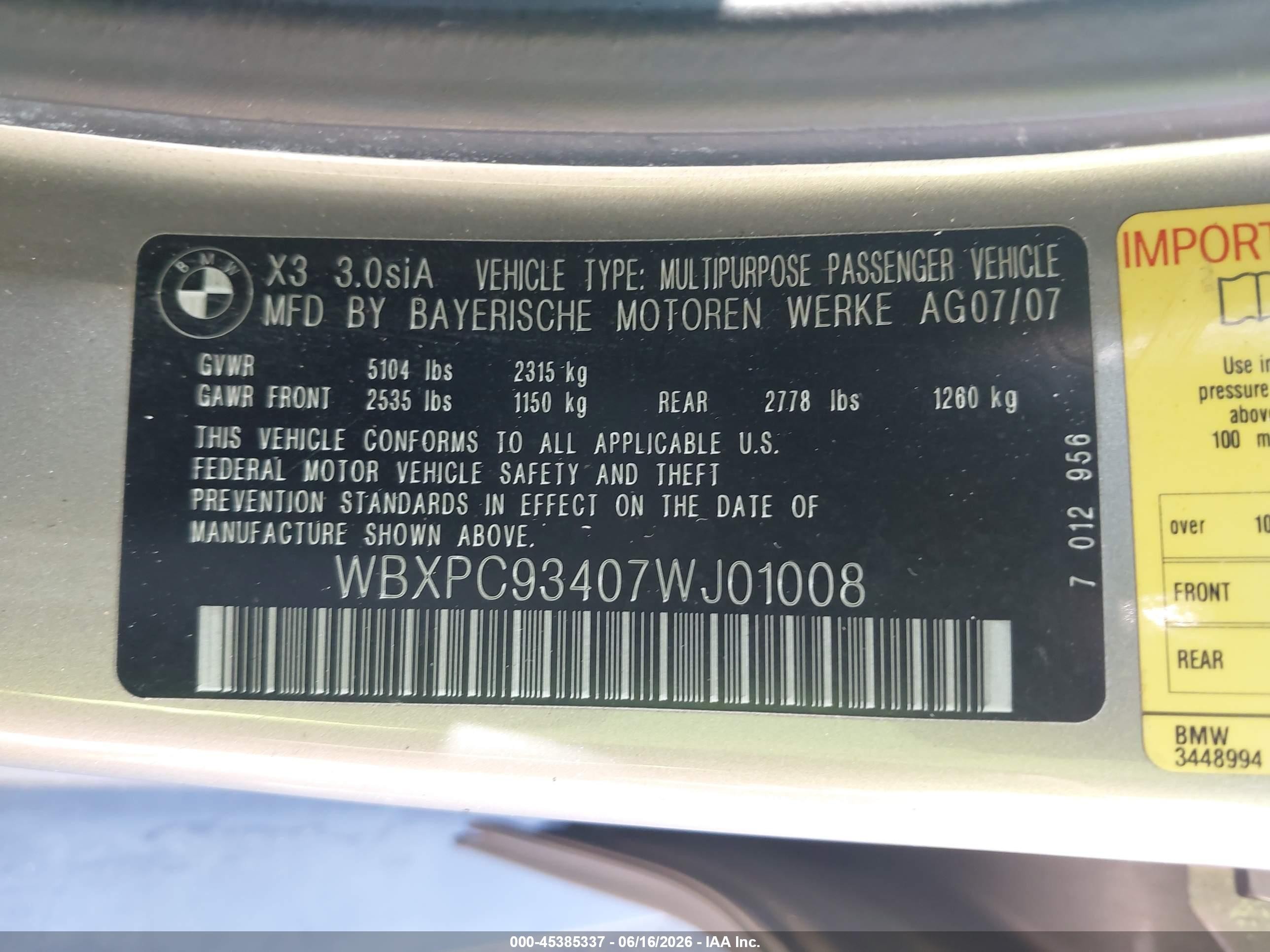 2007 Bmw X3 3.0si Gold vin: WBXPC93407WJ01008