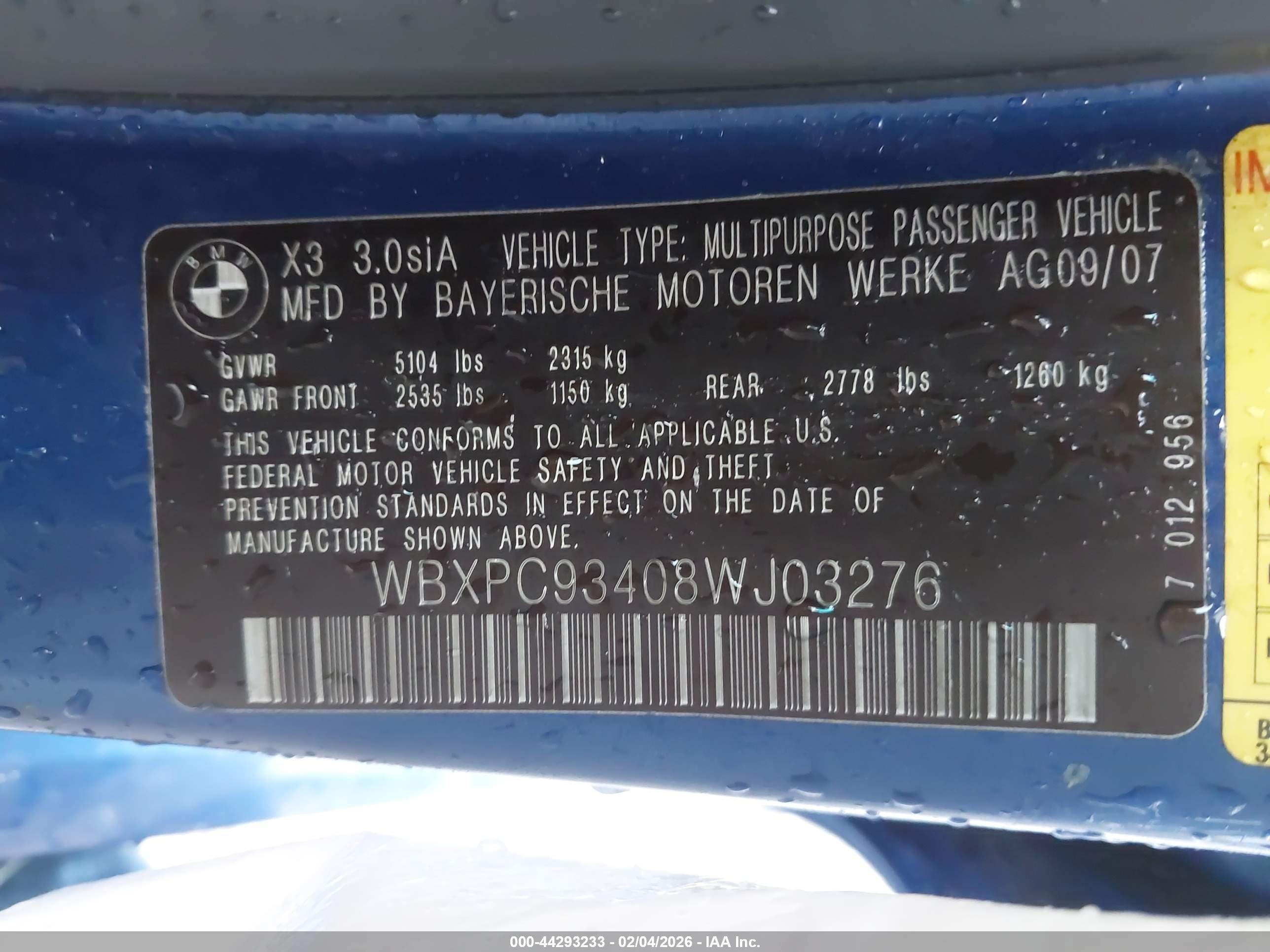 2008 Bmw X3 3.0si Blue vin: WBXPC93408WJ03276
