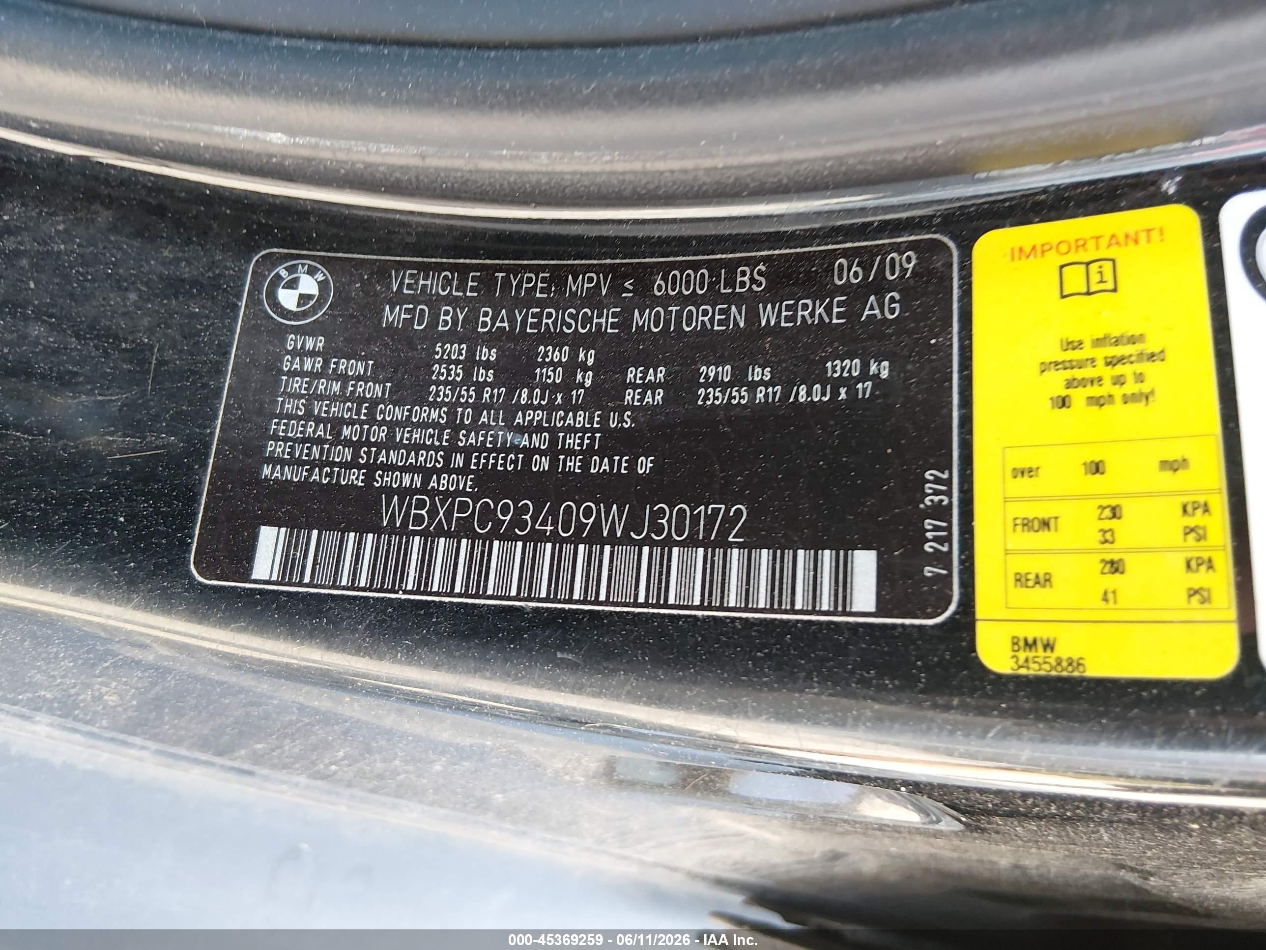 2009 Bmw X3 Xdrive30i Black vin: WBXPC93409WJ30172