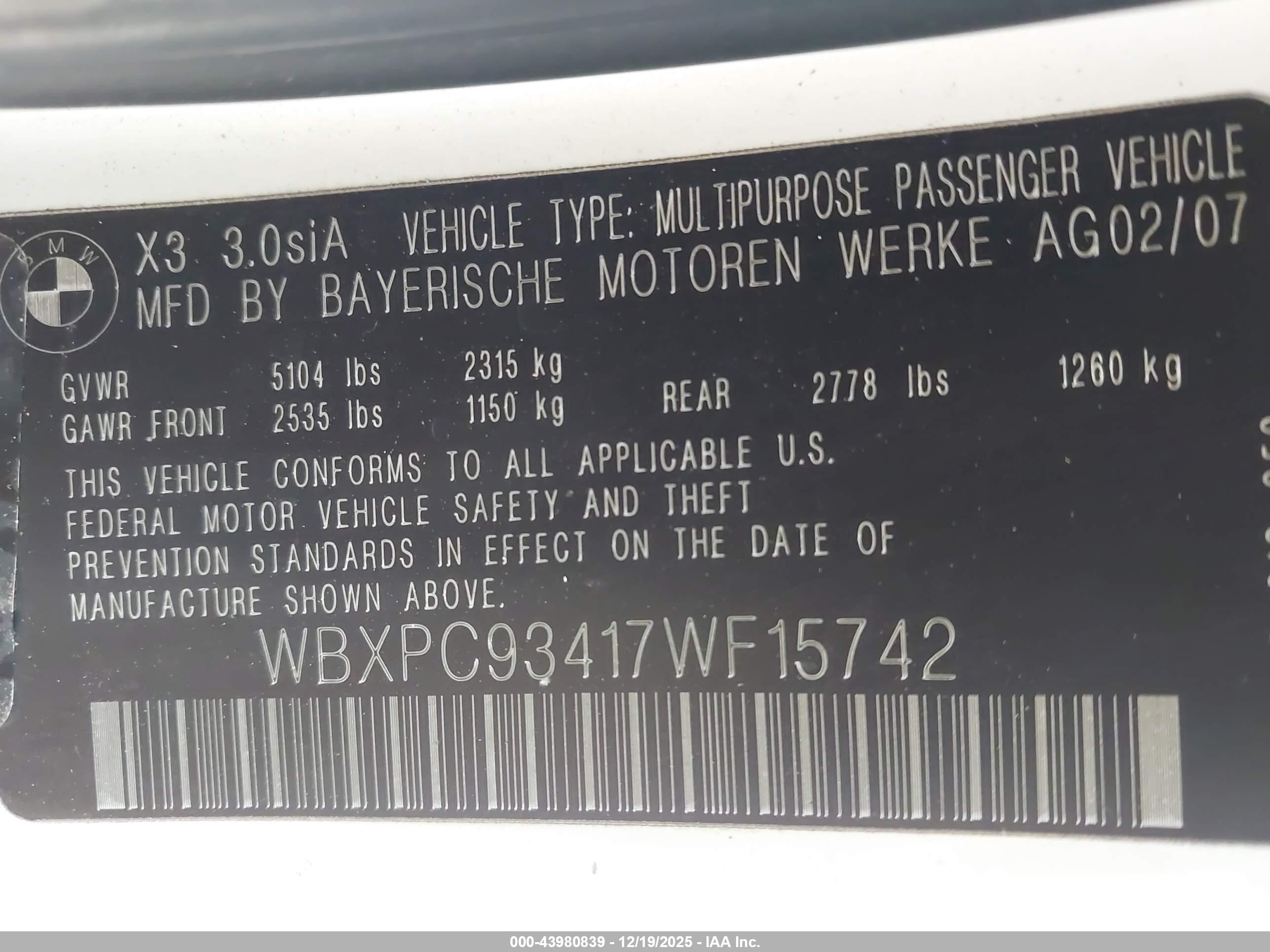 2007 Bmw X3 3.0si Белый vin: WBXPC93417WF15742