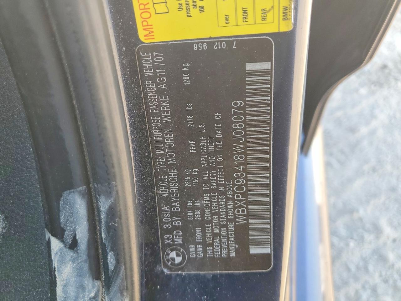2008 Bmw X3 3.0si Blue vin: WBXPC93418WJ08079