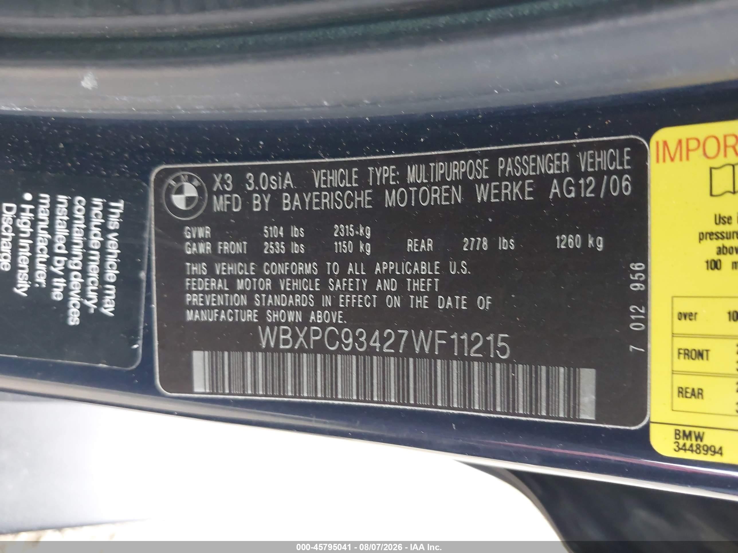 2007 Bmw X3 3.0si Синий vin: WBXPC93427WF11215