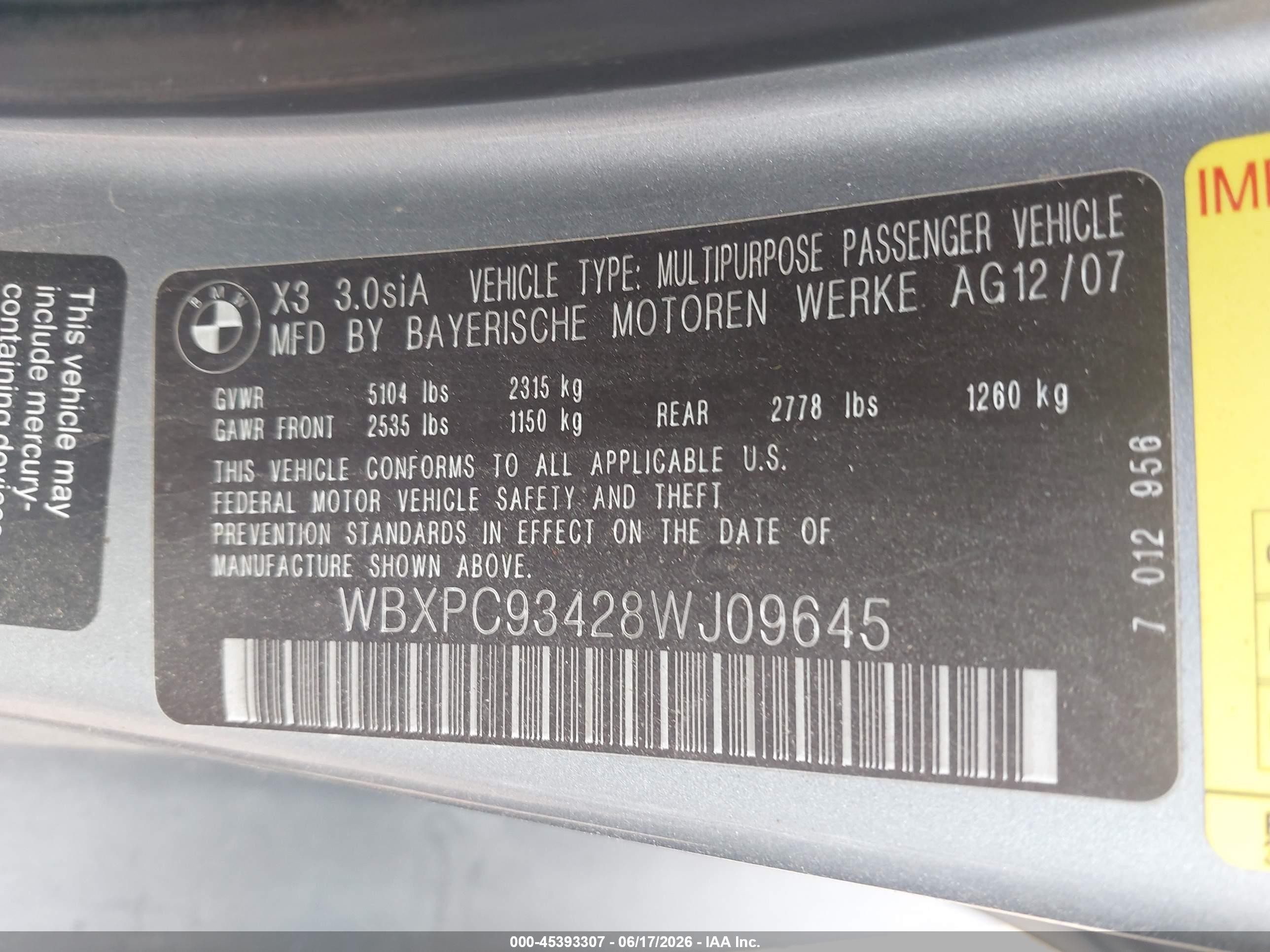 2008 Bmw X3 3.0si Gray vin: WBXPC93428WJ09645