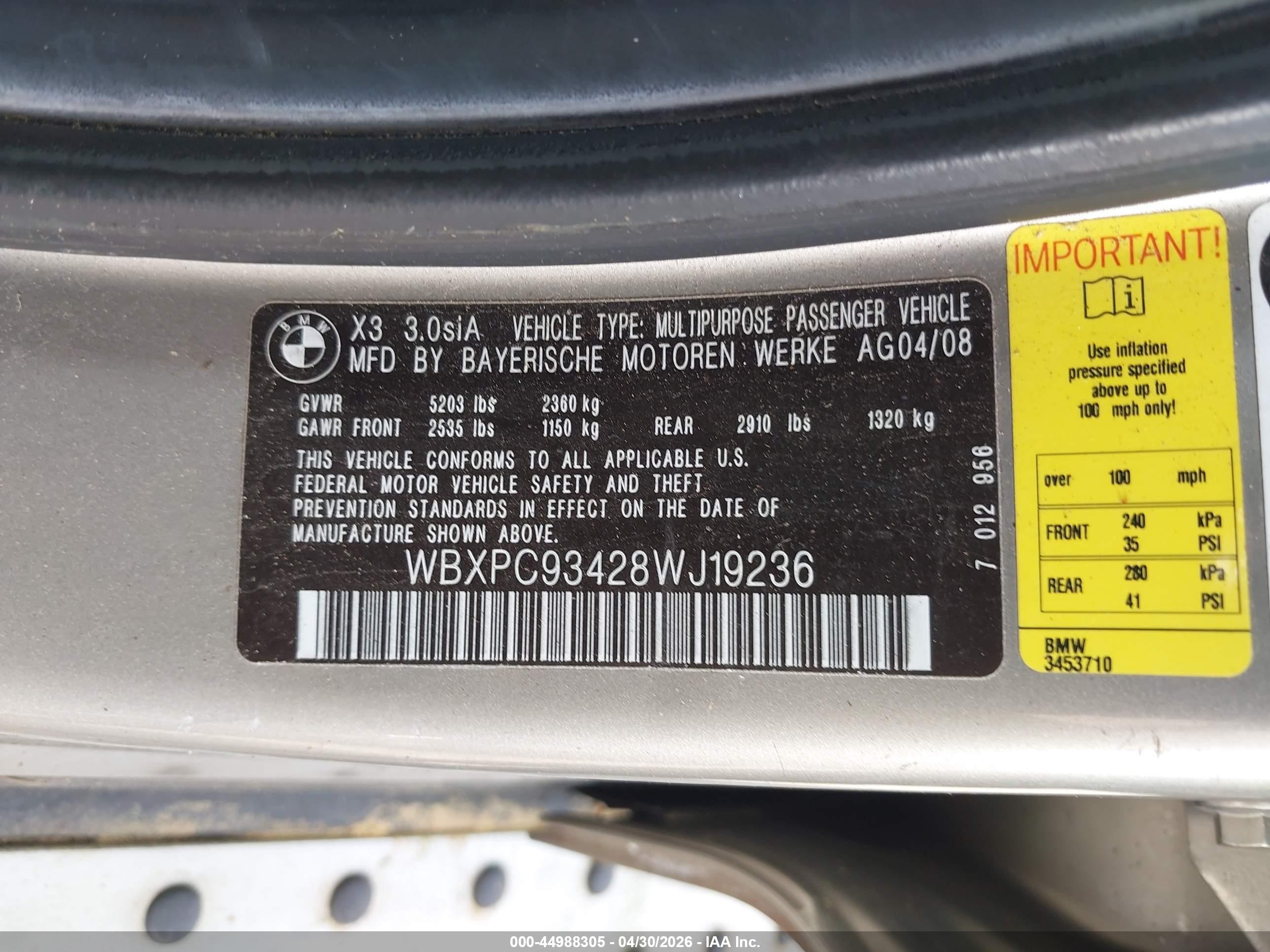 2008 Bmw X3 3.0si Gold vin: WBXPC93428WJ19236